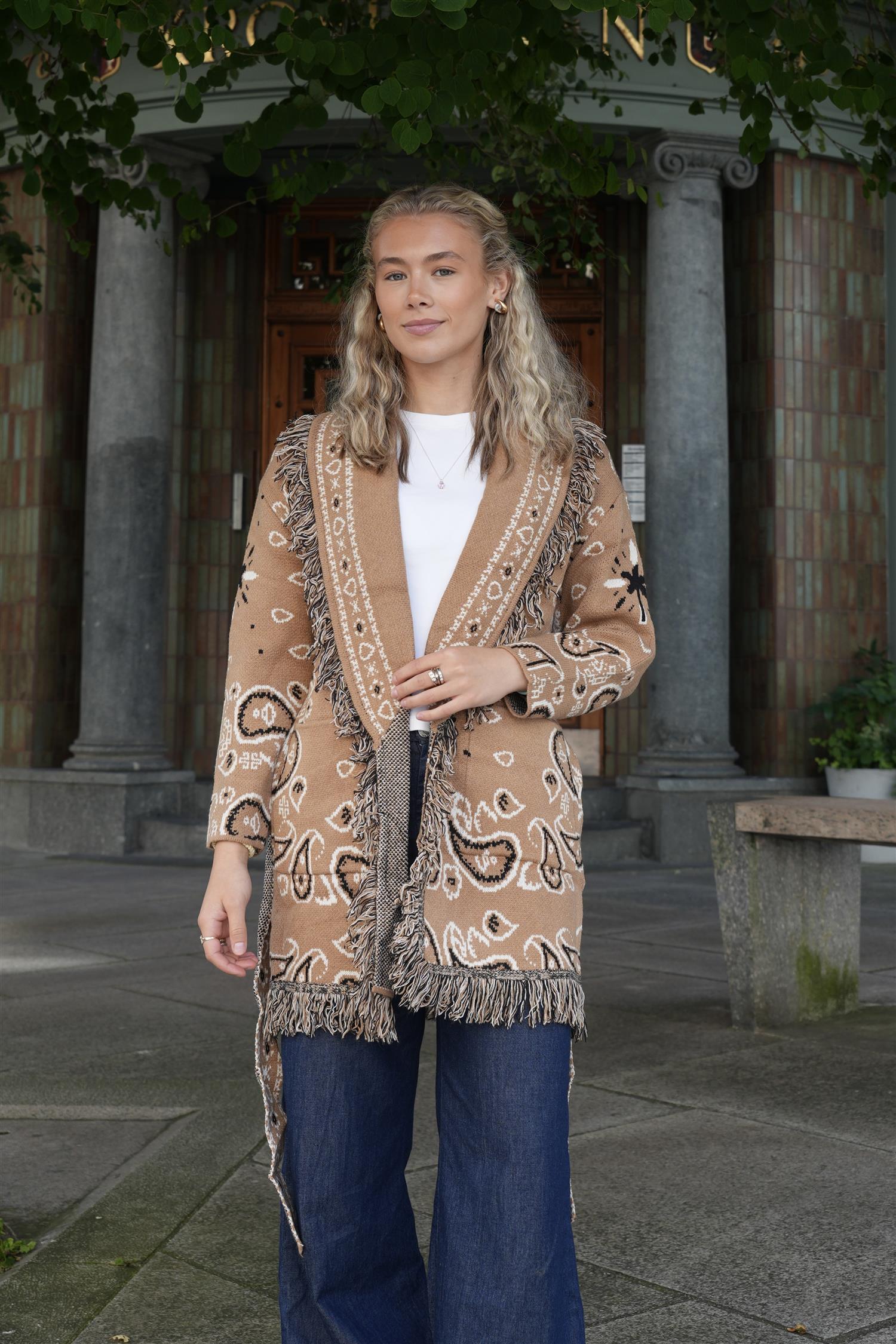 Long Fringed Paisley Jacket - Camel