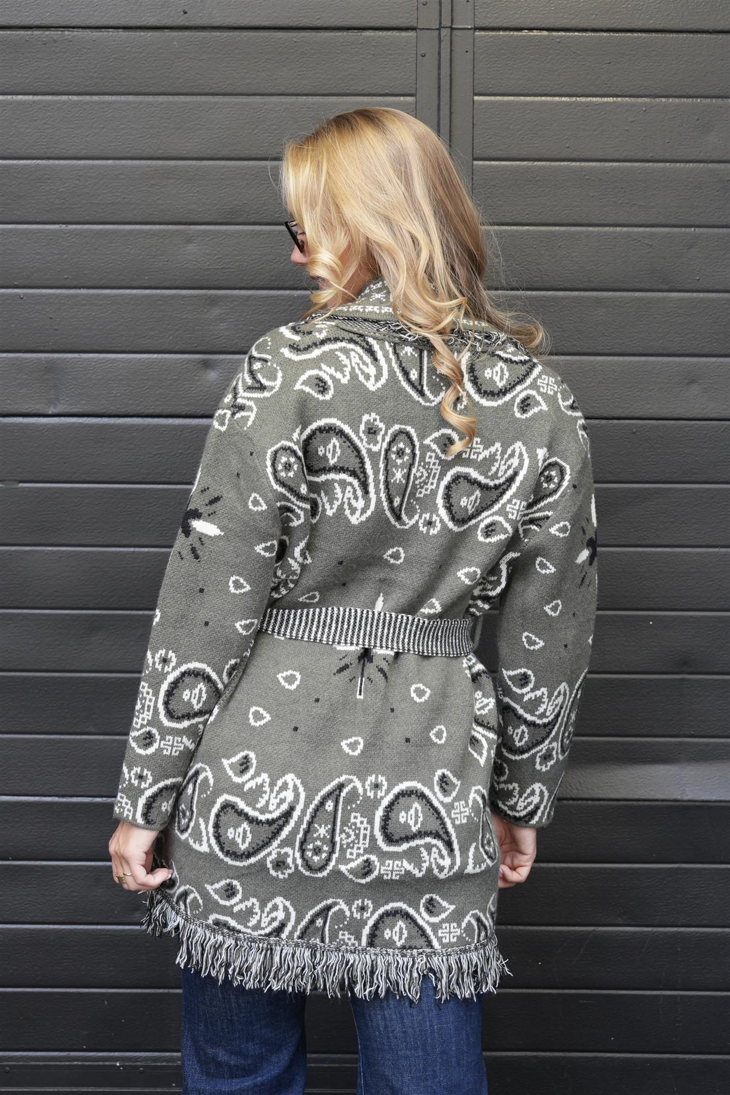 Long Fringed Paisley Jacket - Khaki