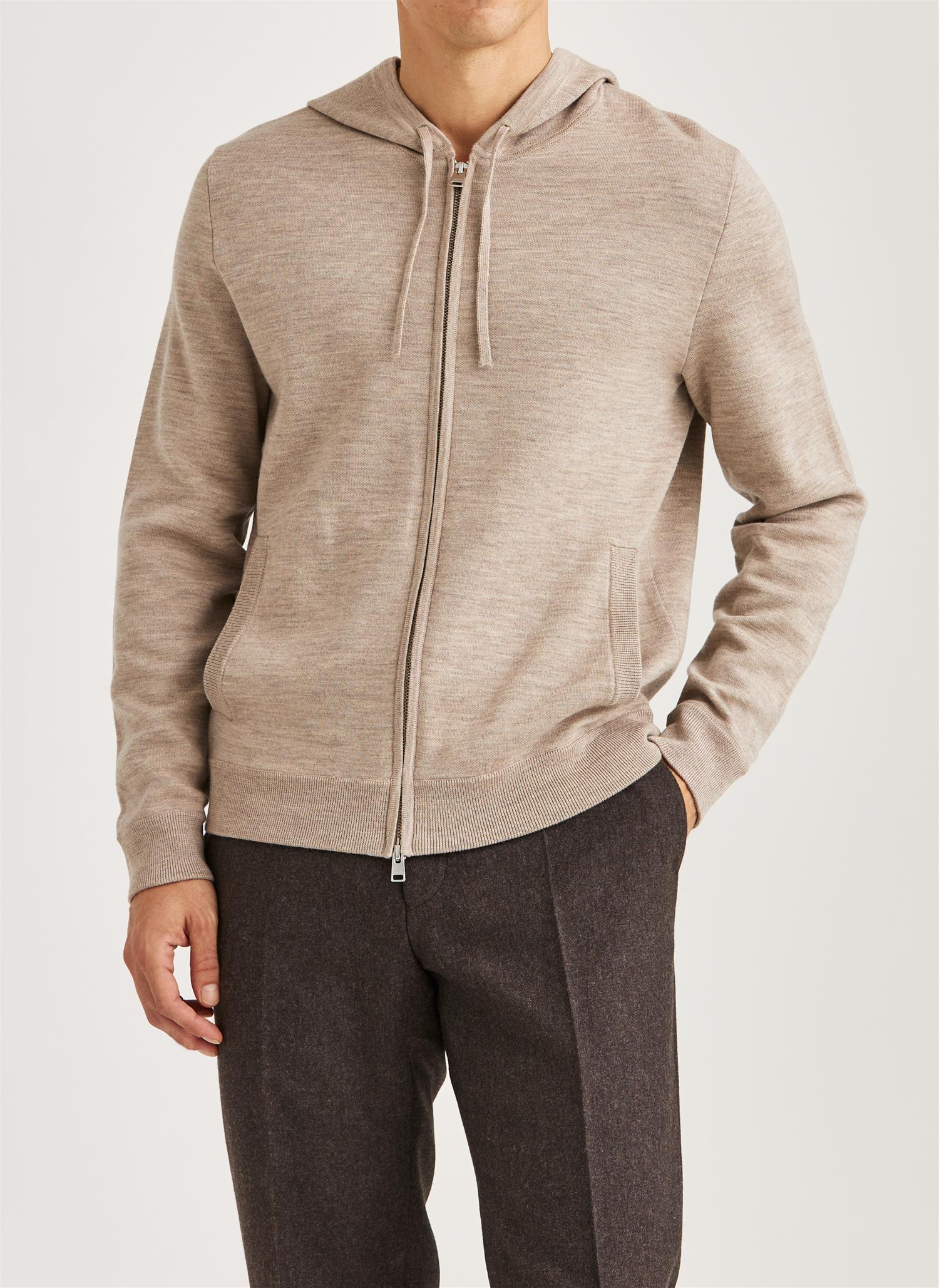 Merino Double Zip Hood - Khaki