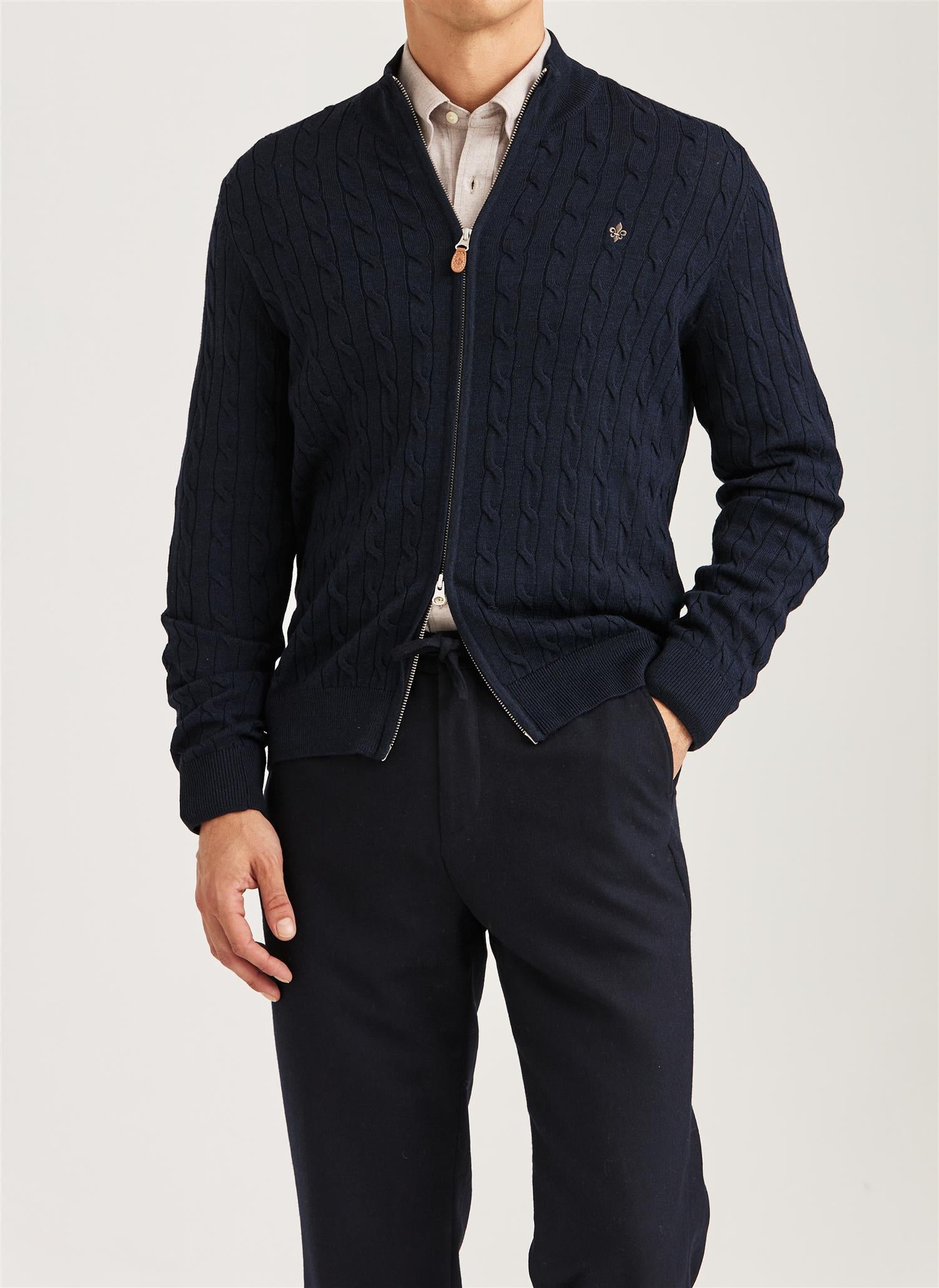 Merino Cable Zip Cardigan - Navy