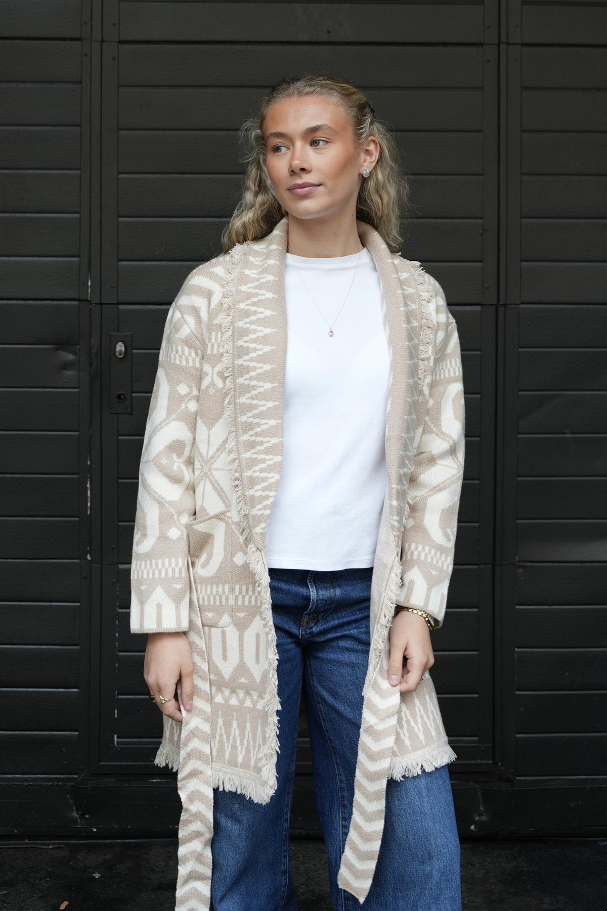 Long Fringed Geometric Jacket - Beige/White