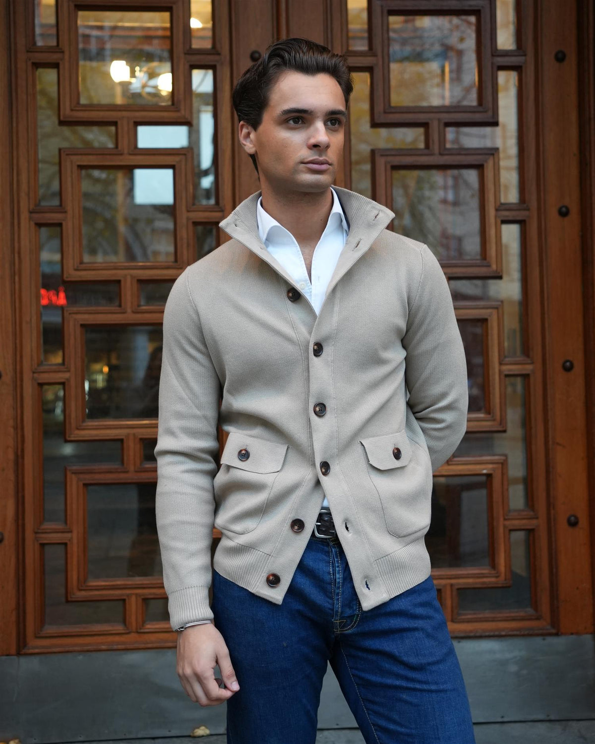 Knitted Cardigan Acrylic Wool Blend - Beige
