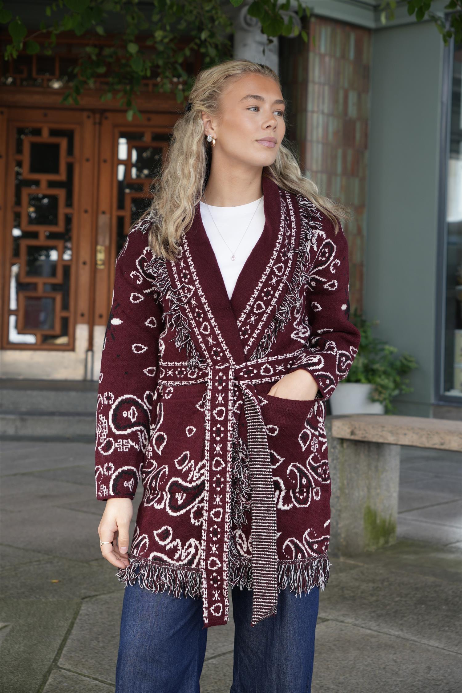 Long Fringed Paisley Jacket - Bordeaux