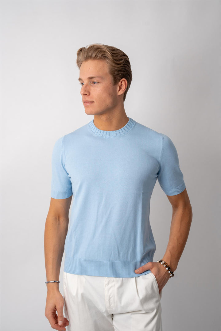 Knitted Cotton T-shirt - Light Blue