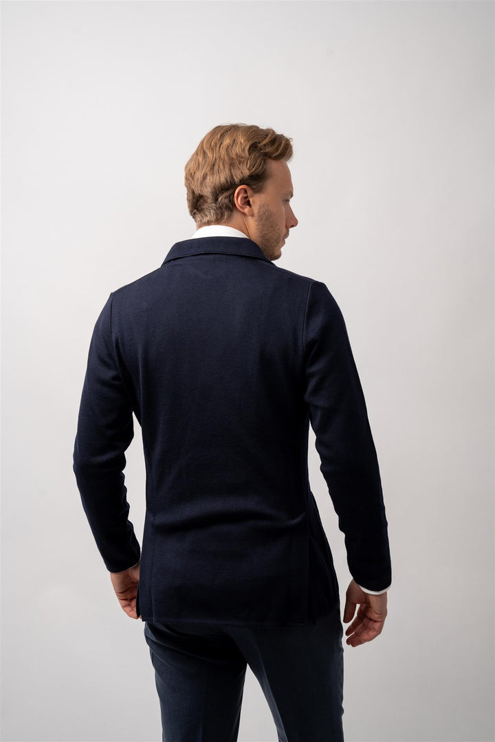 double breasted knit blazer navy