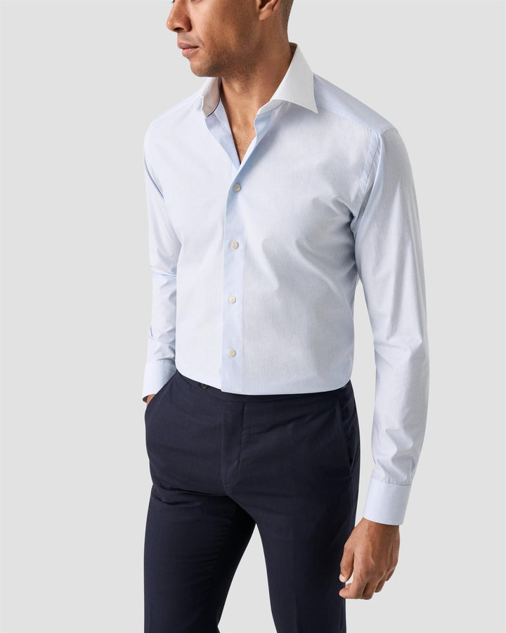 White Collar Striped Fine Twill - lyseblå