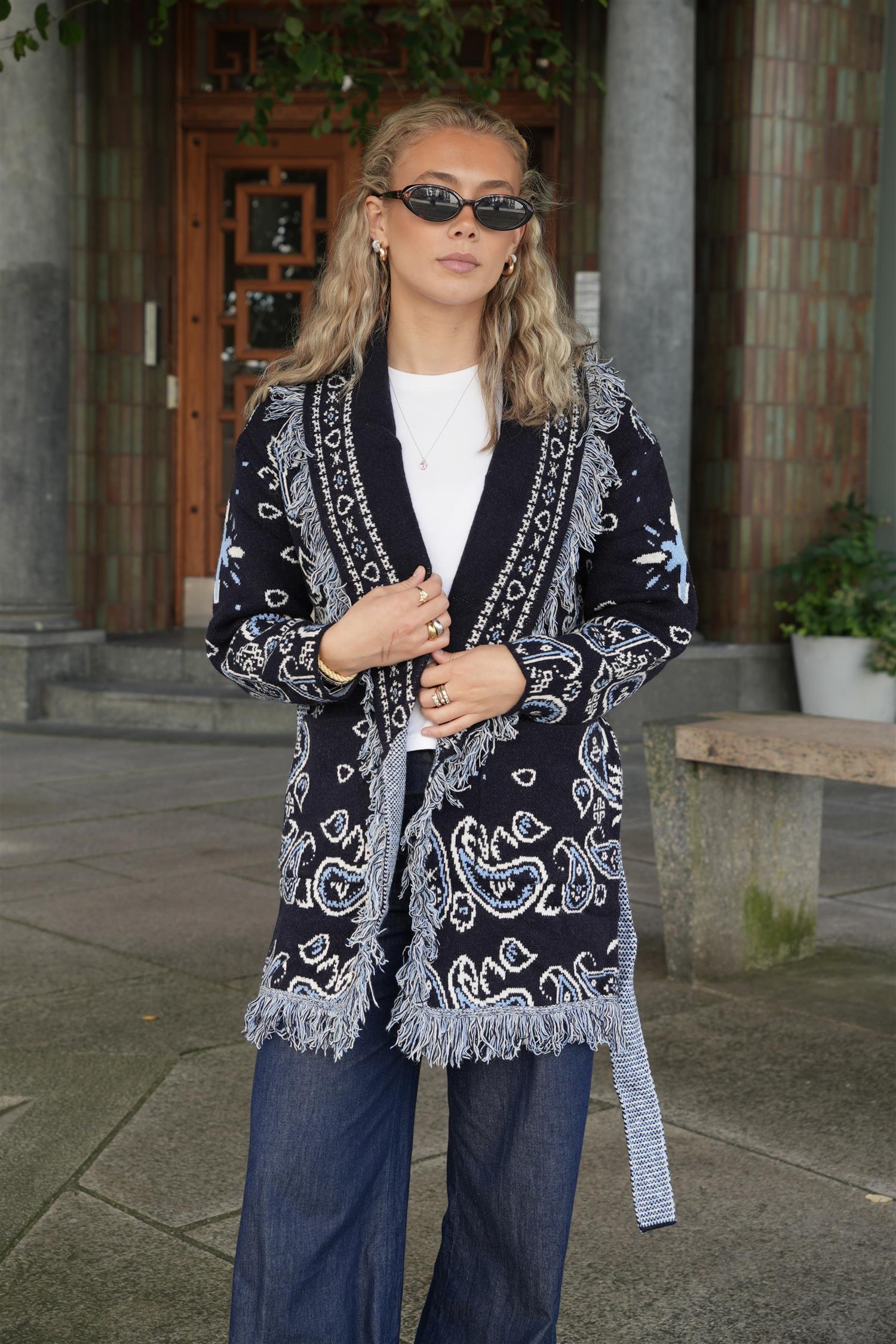 Long Fringed Paisley Jacket - Navy