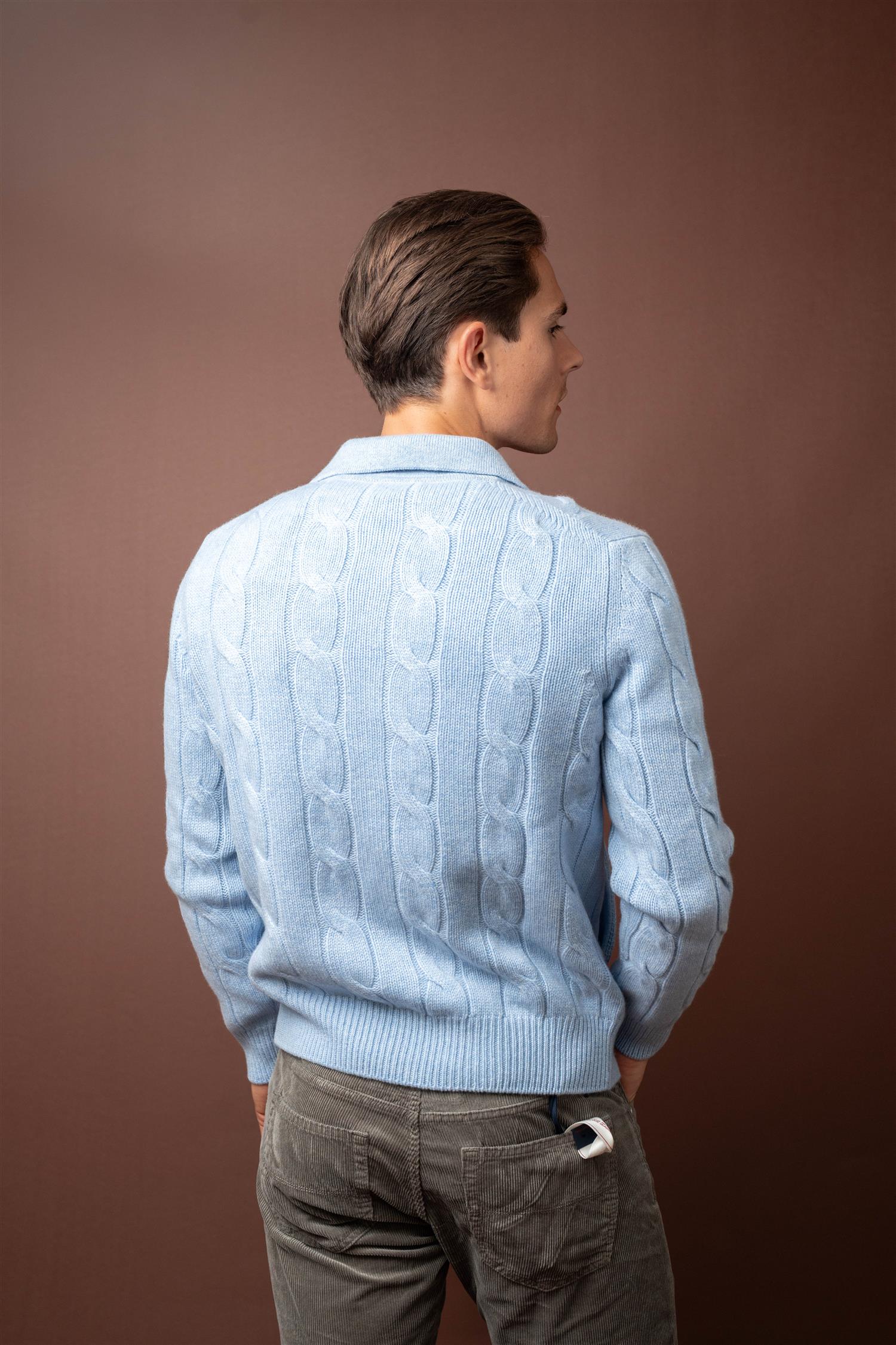Full Zip Cable Cashmere - Light Blue