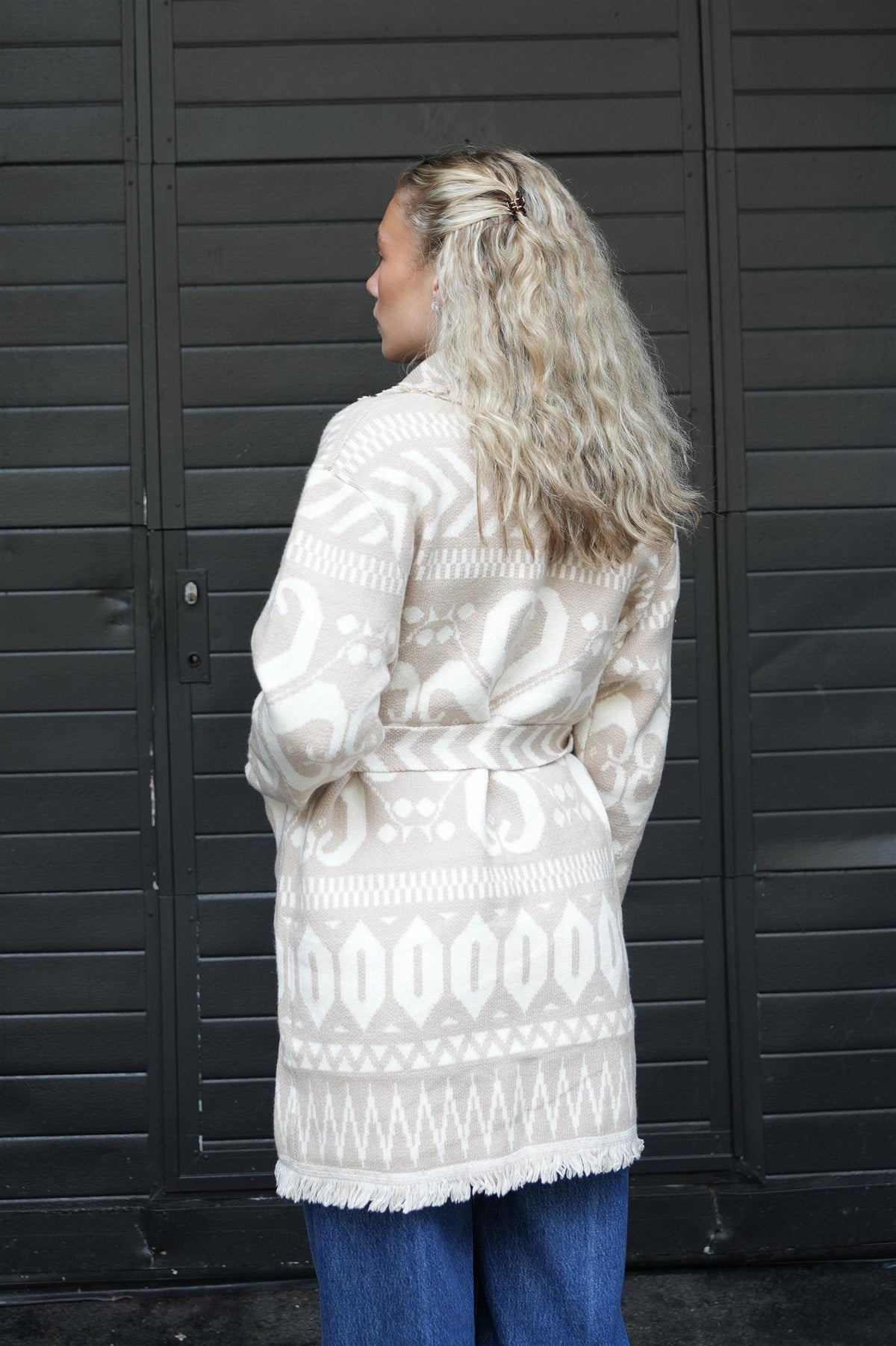 Long Fringed Geometric Jacket - Beige/White