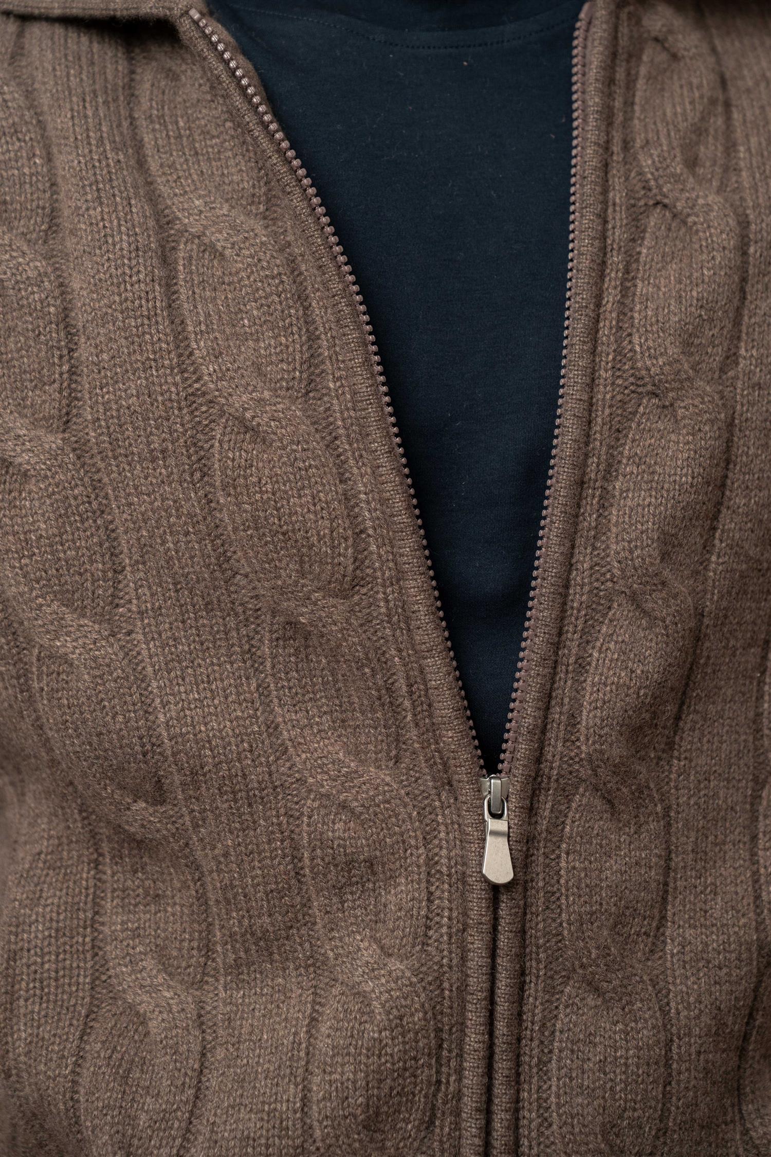 Full Zip Cable Cashmere - Brown