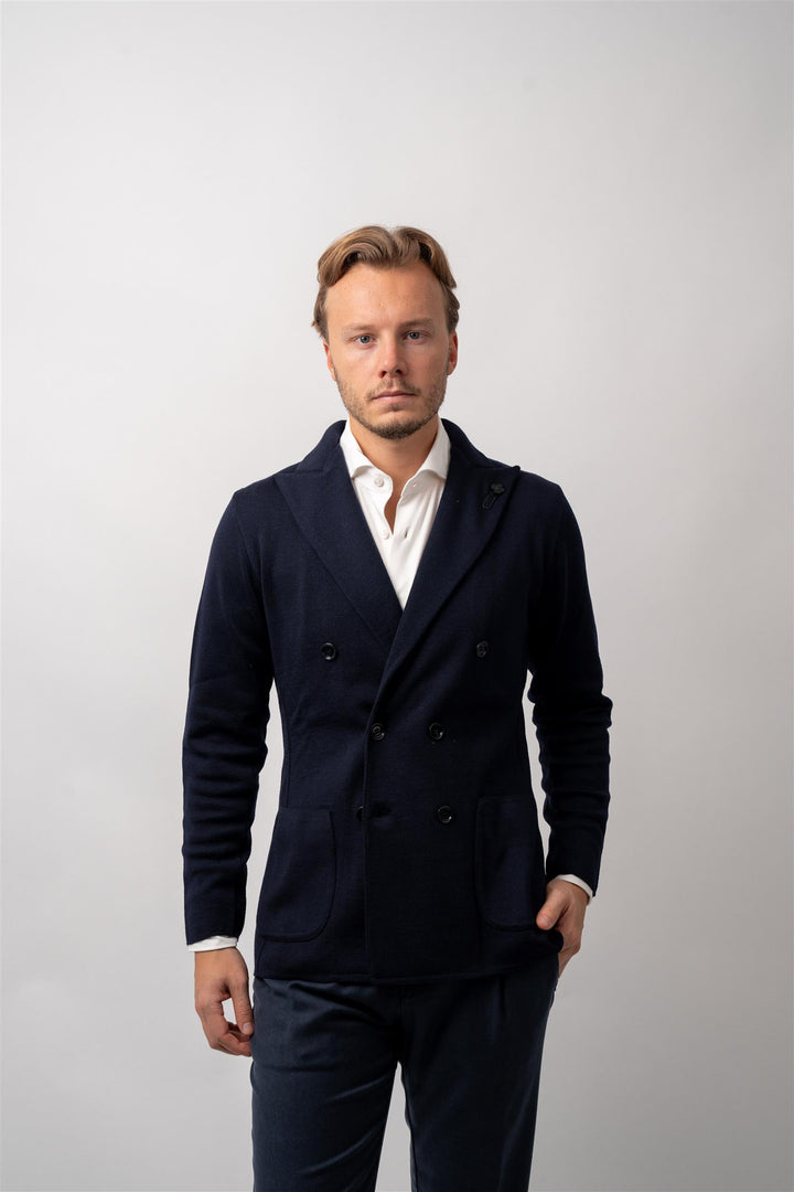 double breasted knit blazer navy