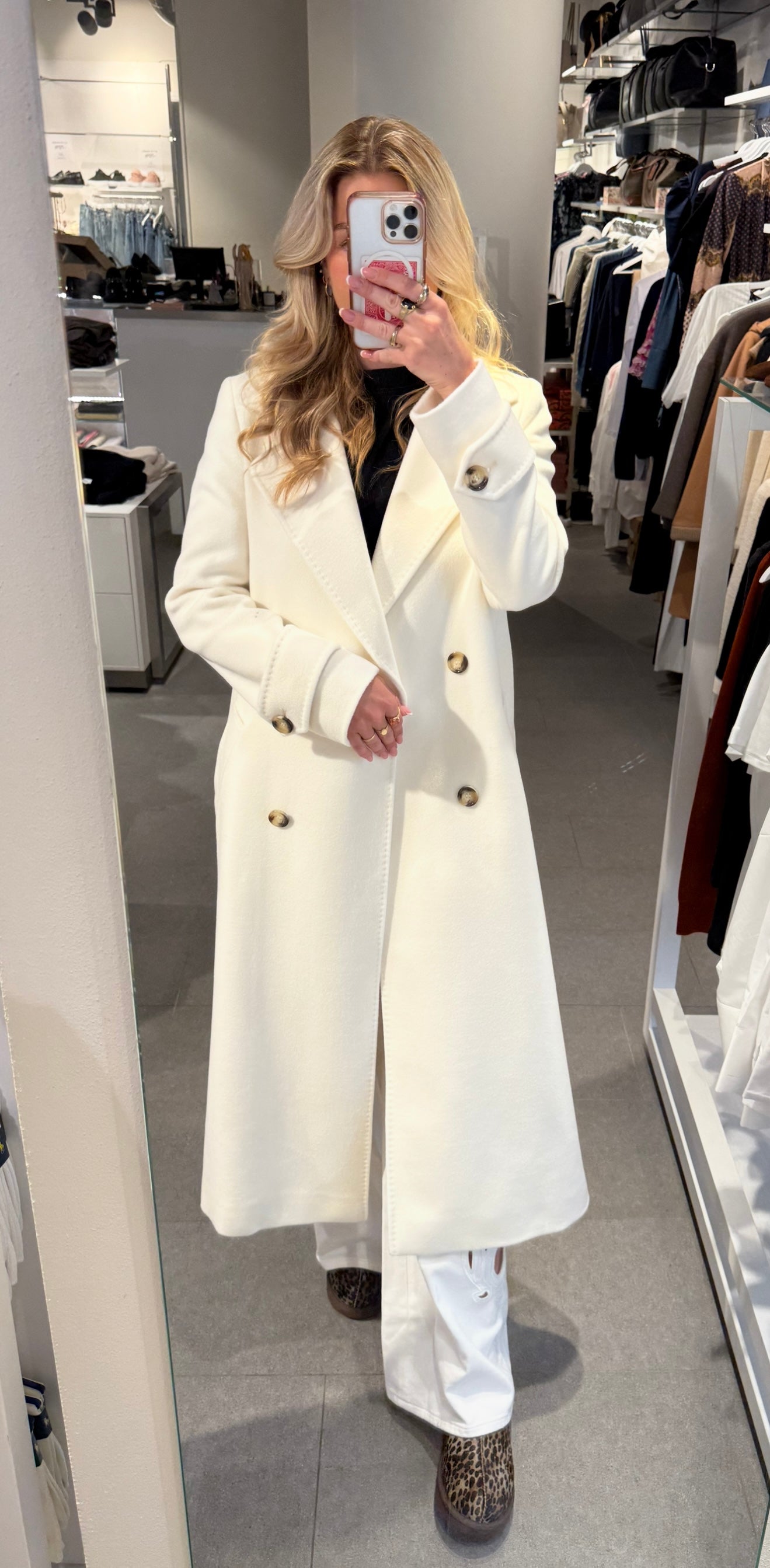 Long Coat White Belt and Buttons
