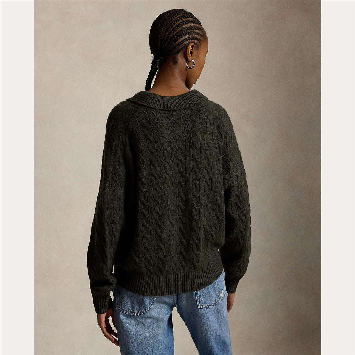 Cable Wool-Cashmere Polo Sweater Olive Umber Heather