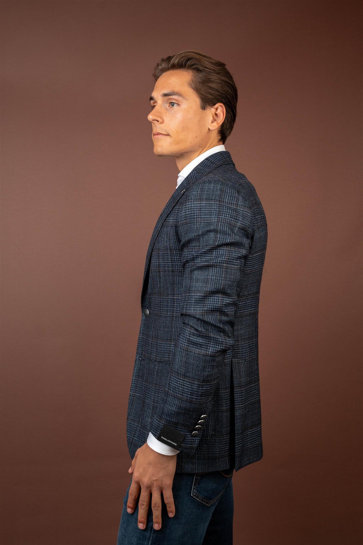 Check Silk Blend Blazer - Navy