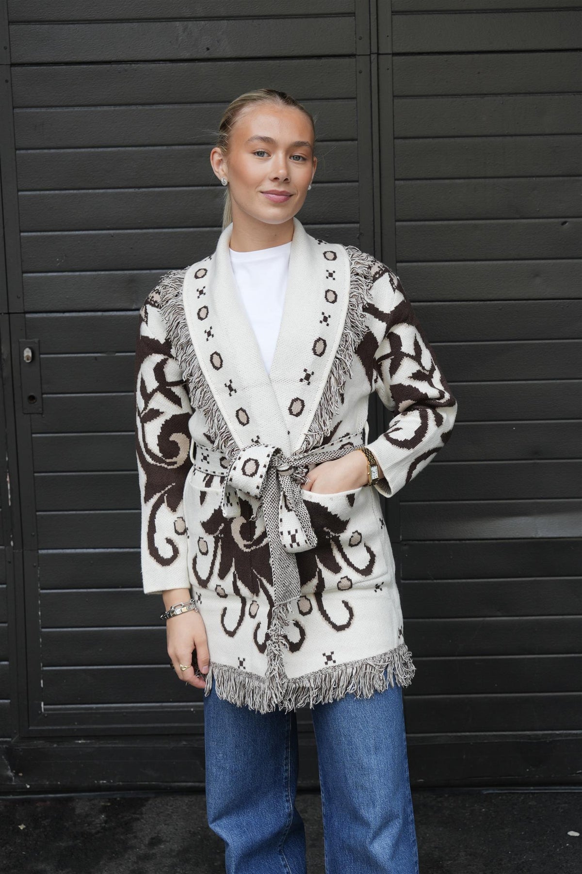 Long Fringed Jacket - Brown/White