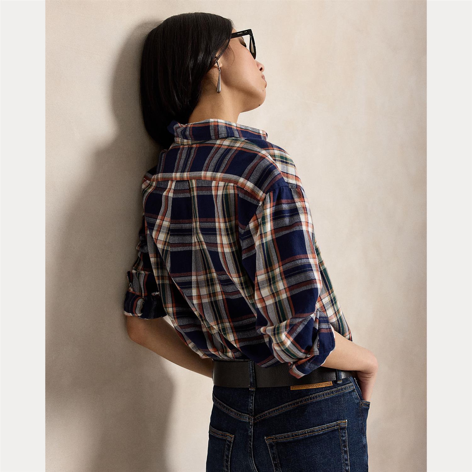 Relaxed Fit Plaid Cotton Shirt – Navy/Orange Multi