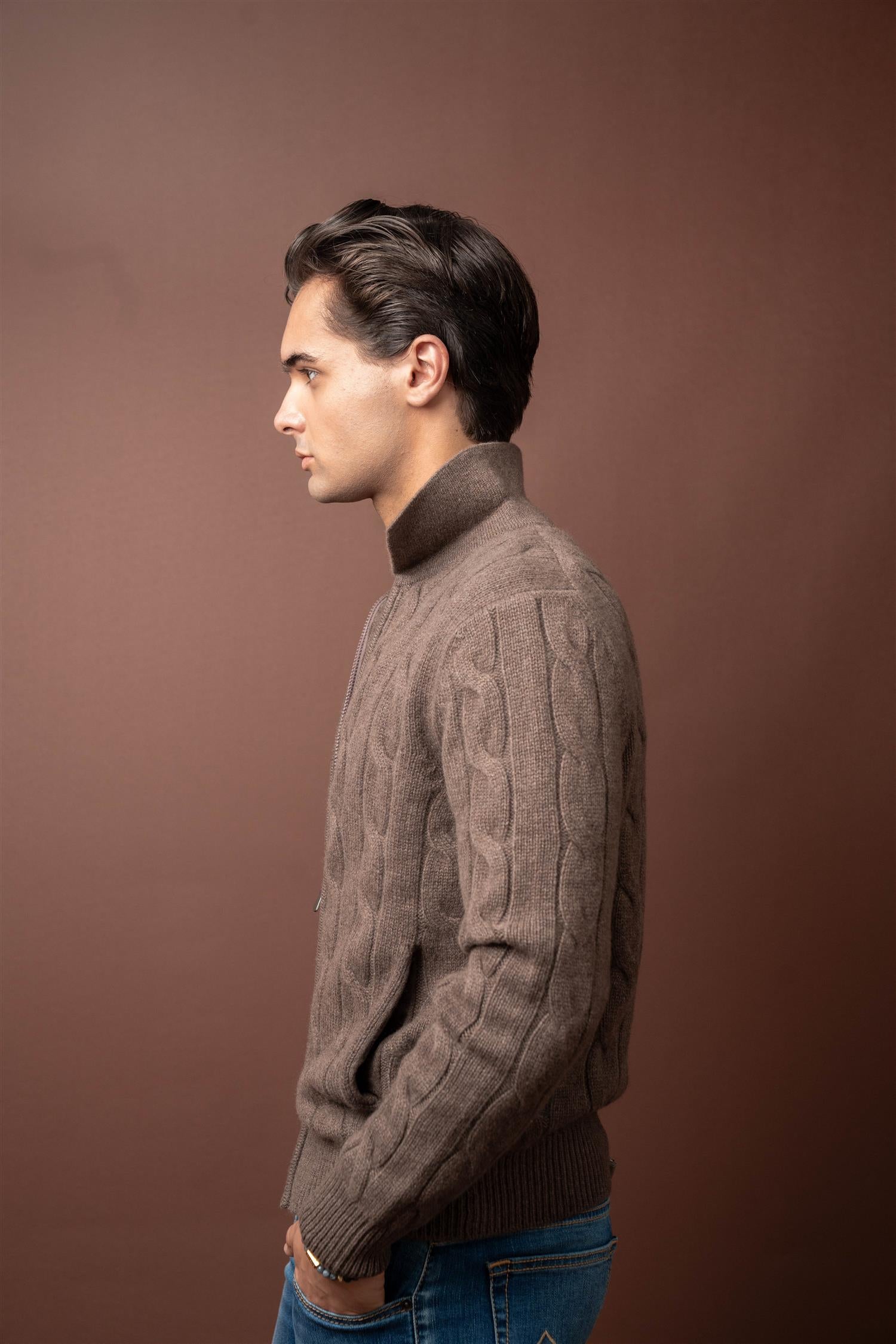 Full Zip Cable Cashmere - Brown
