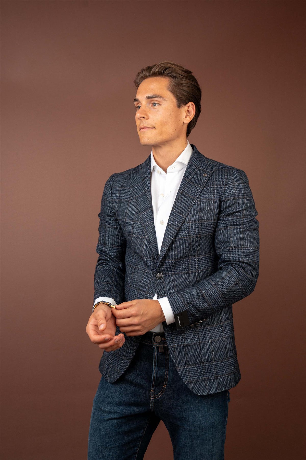 Check Silk Blend Blazer - Navy