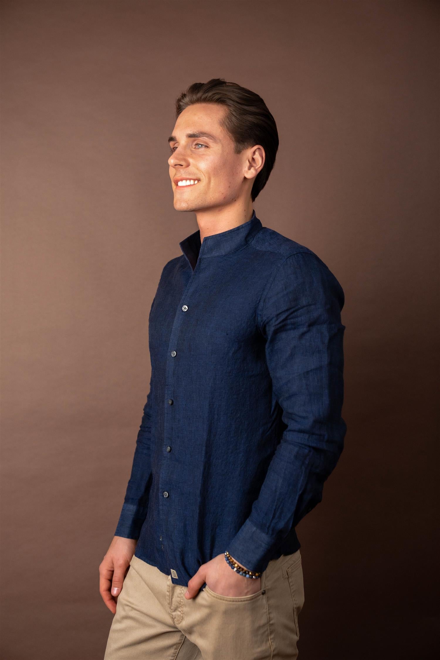 No Collar Linen - Navy
