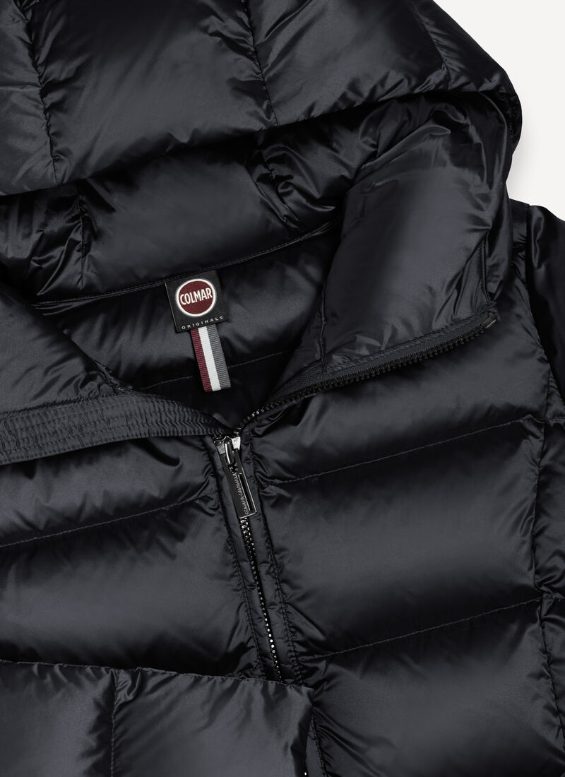 Long Down Jacket with Hood - Black