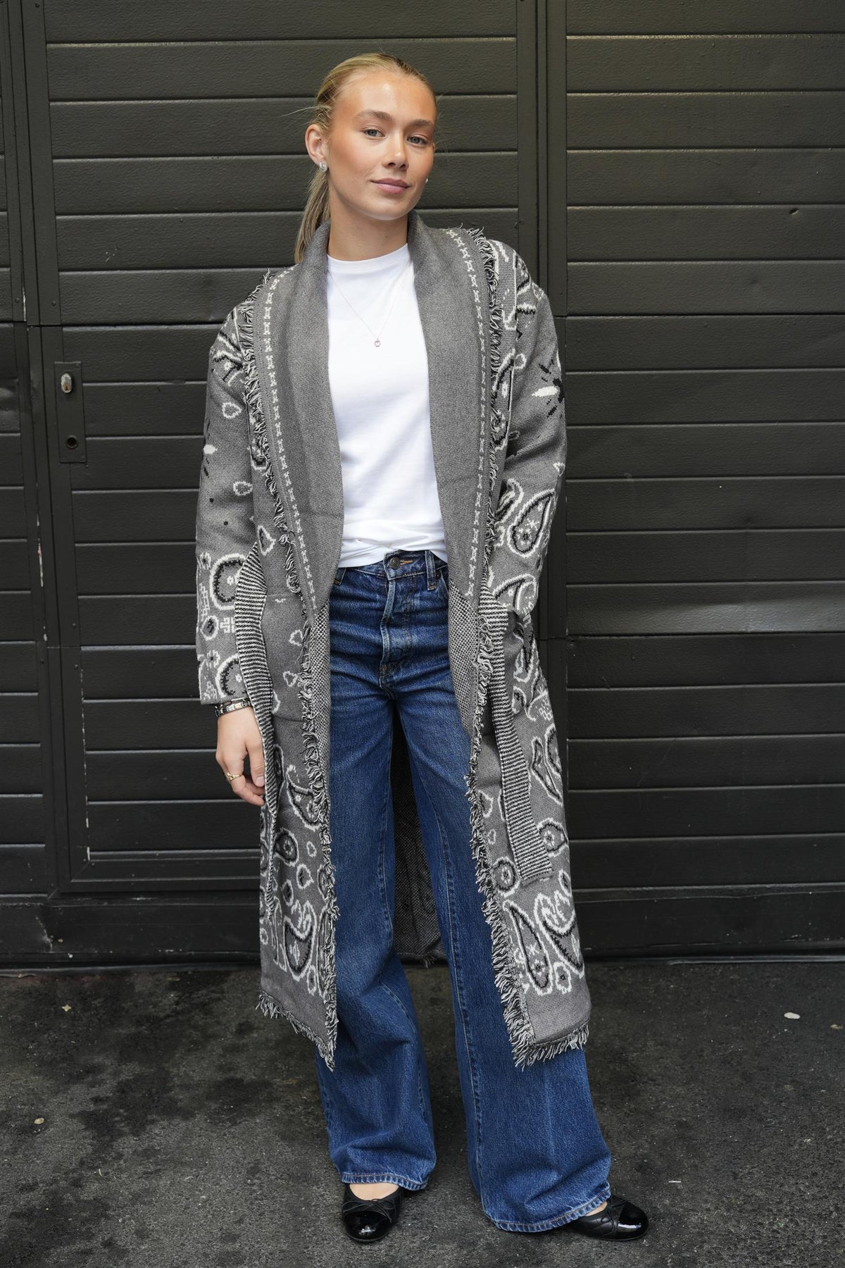 Fringed Paisley Jacket Maxi - Grey