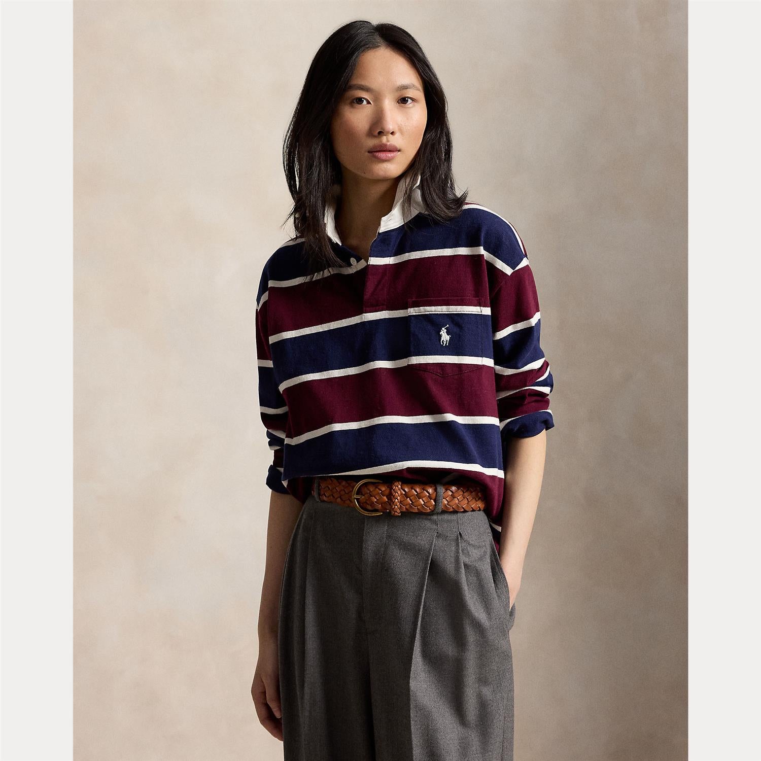 Oversize Cotton Rugby Shirt - Harvard Wine Multi