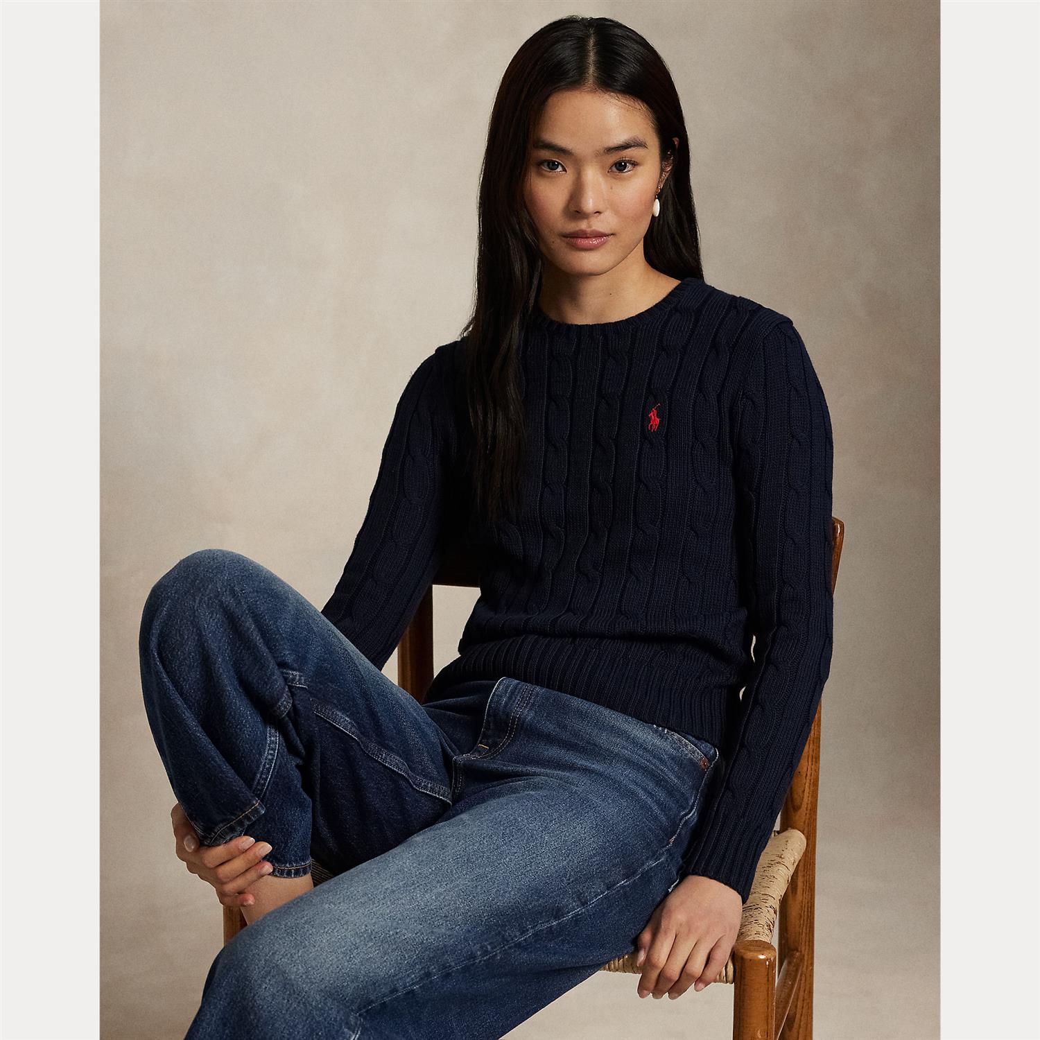 Cable-Knit Cotton Crewneck Sweater Hunter Navy