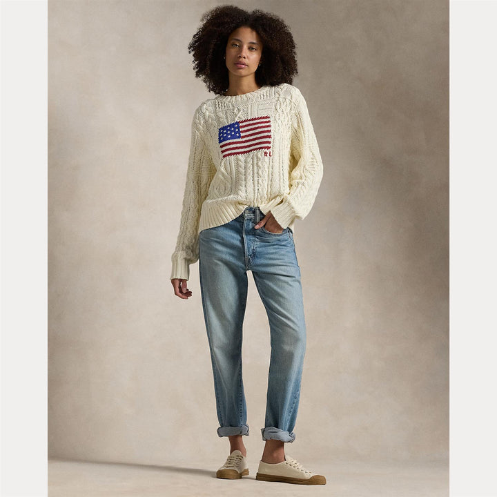 ARAN-KNIT FLAG COTTON SWEATER