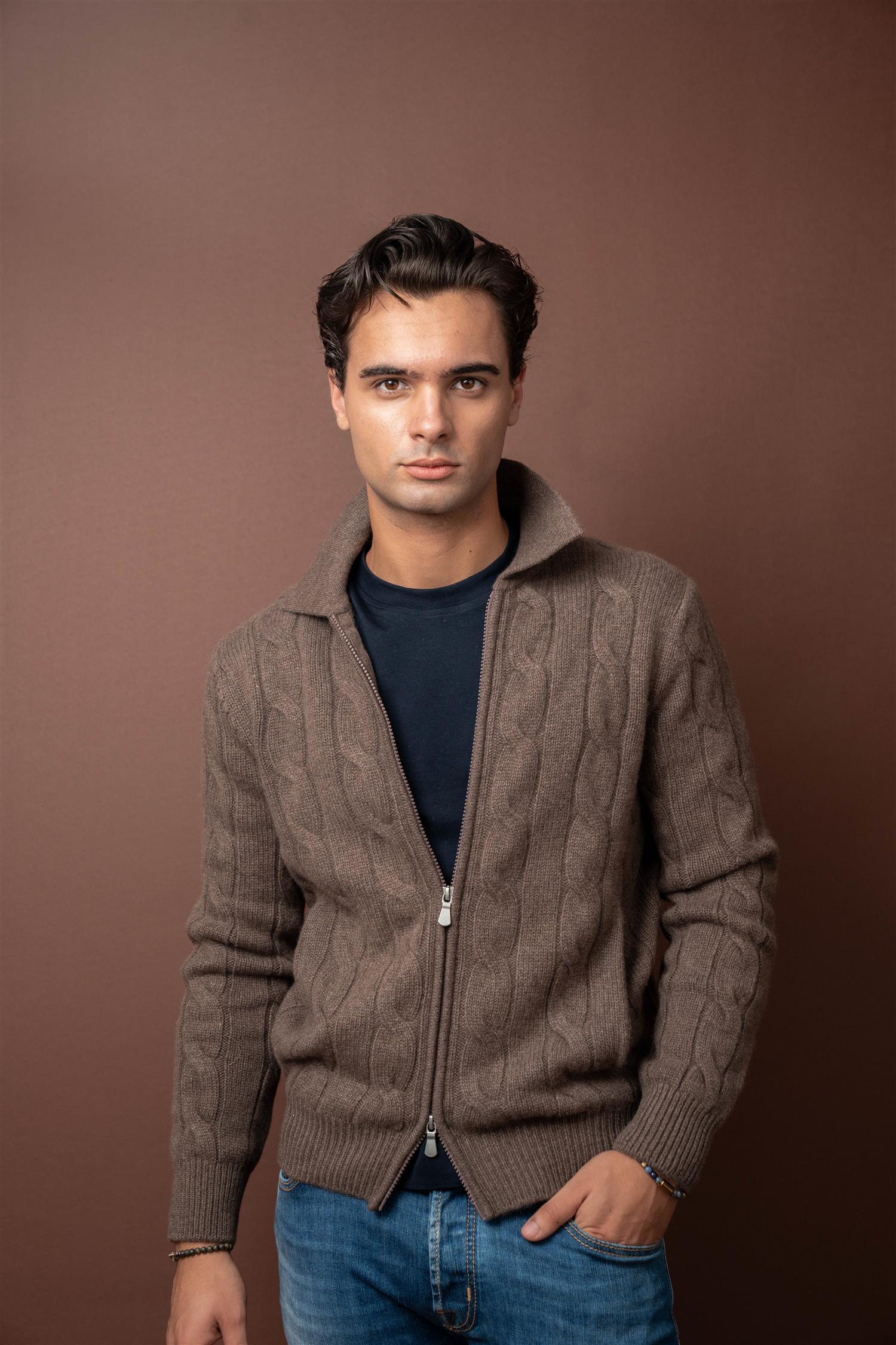 Full Zip Cable Cashmere - Brown