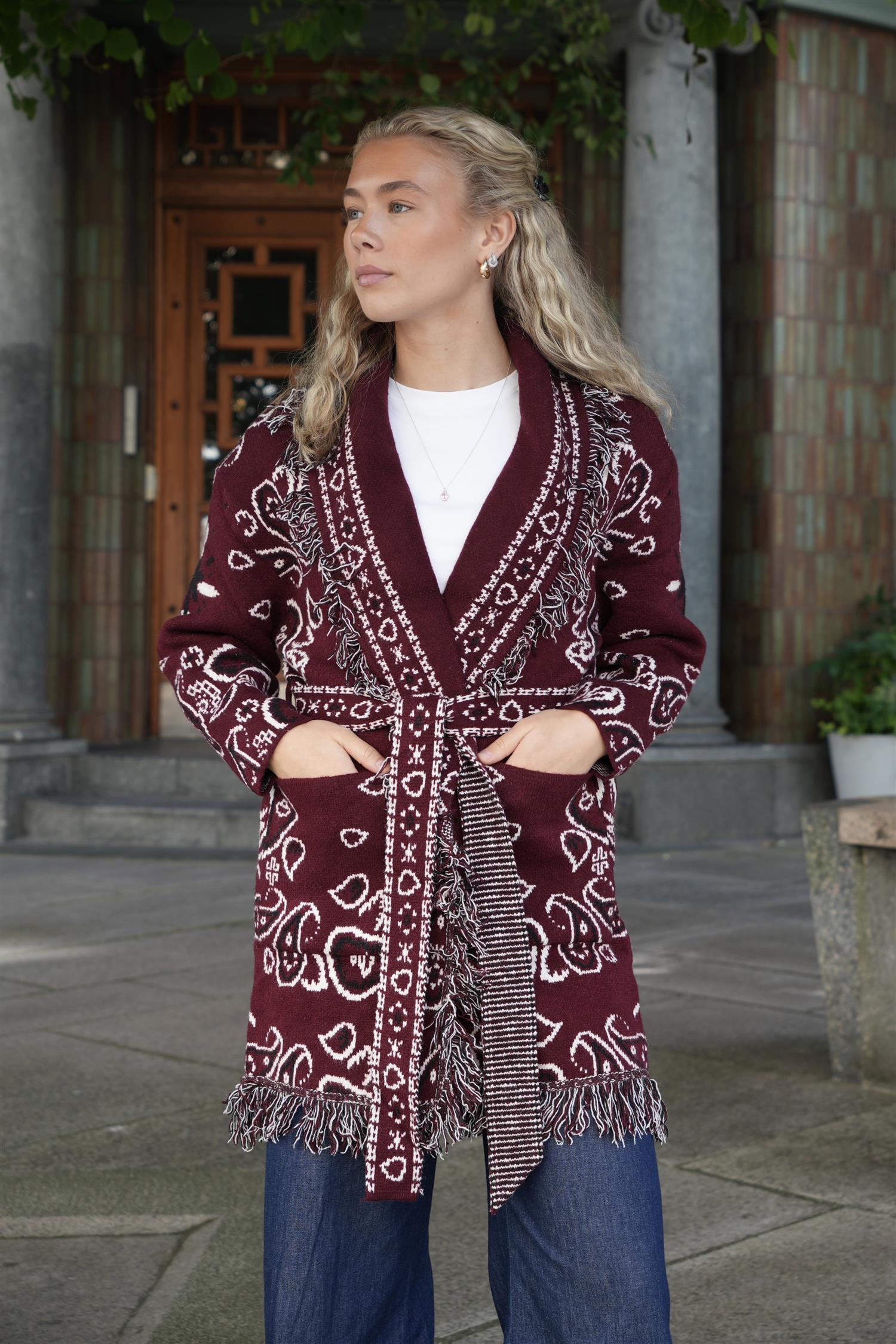 Long Fringed Paisley Jacket - Bordeaux