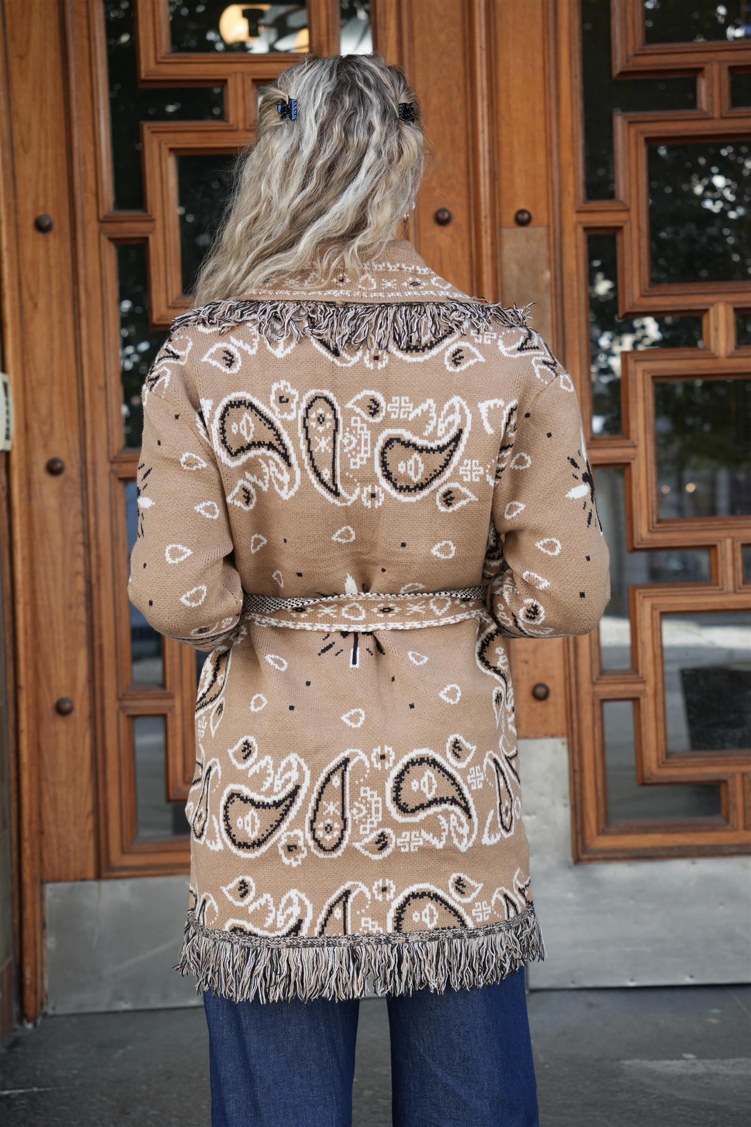 Long Fringed Paisley Jacket - Camel