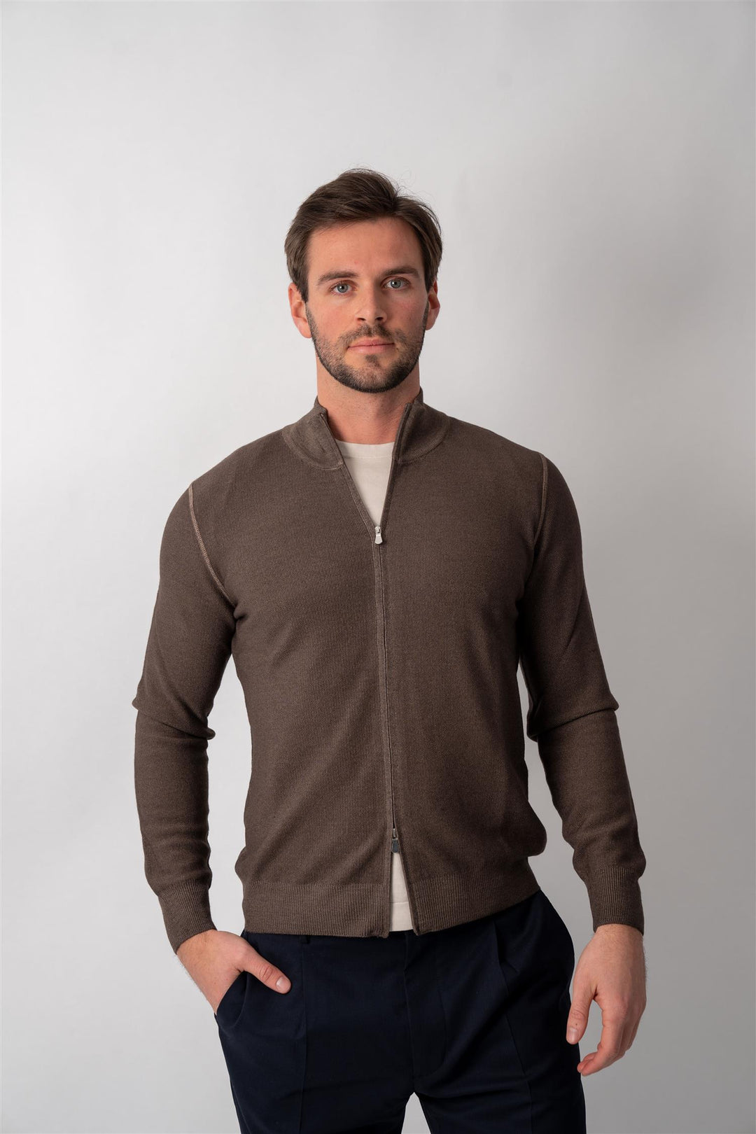 Full Zip Merino Knitted - Brun