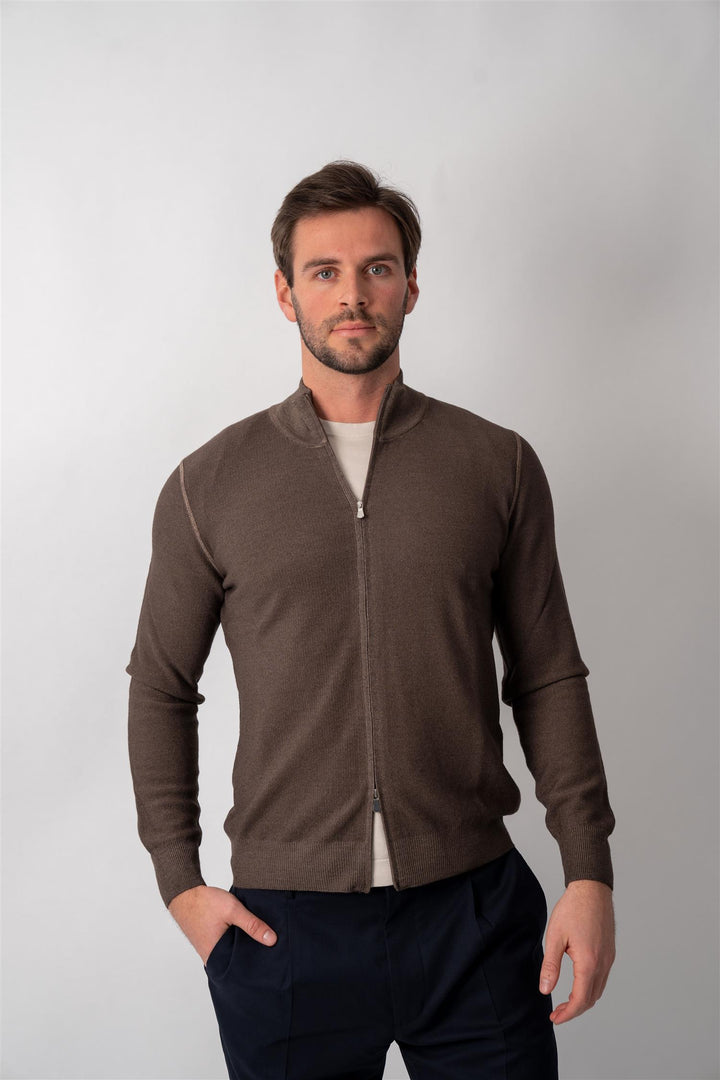 Full Zip Merino Knitted - Brun