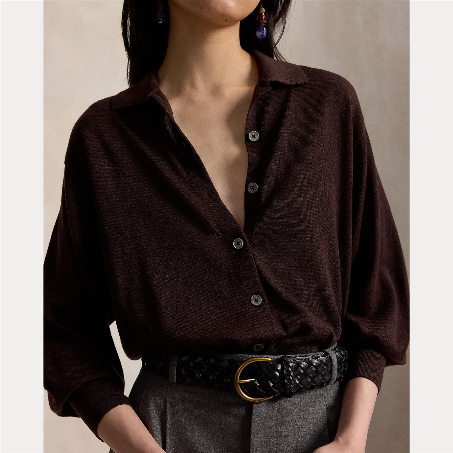 Polo-Collar Wool Blouson Cardigan Deep Chocolate Melange