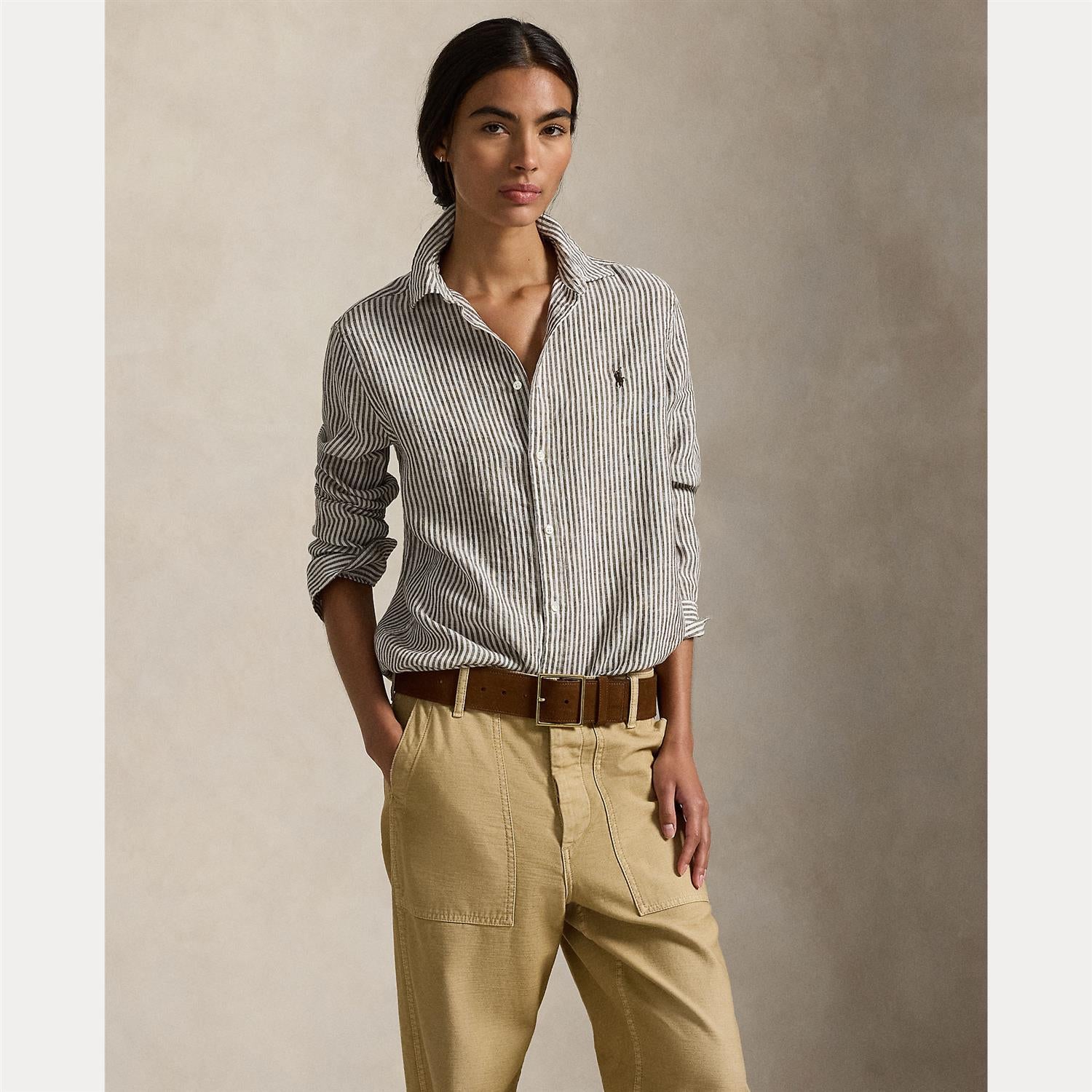 Woven-Sport Shirt White Brown Stripes