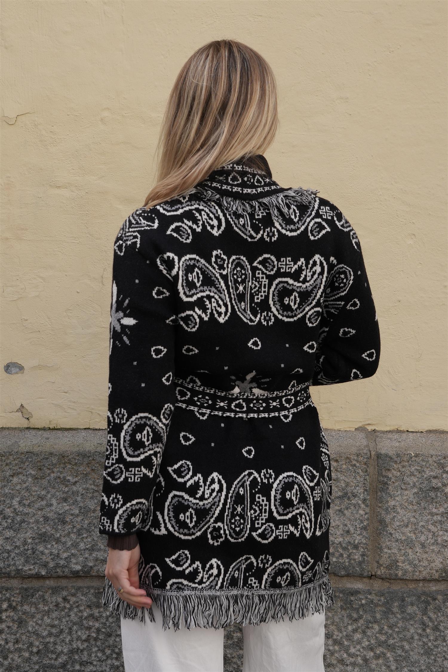 Long Fringed Paisley Jacket - Black