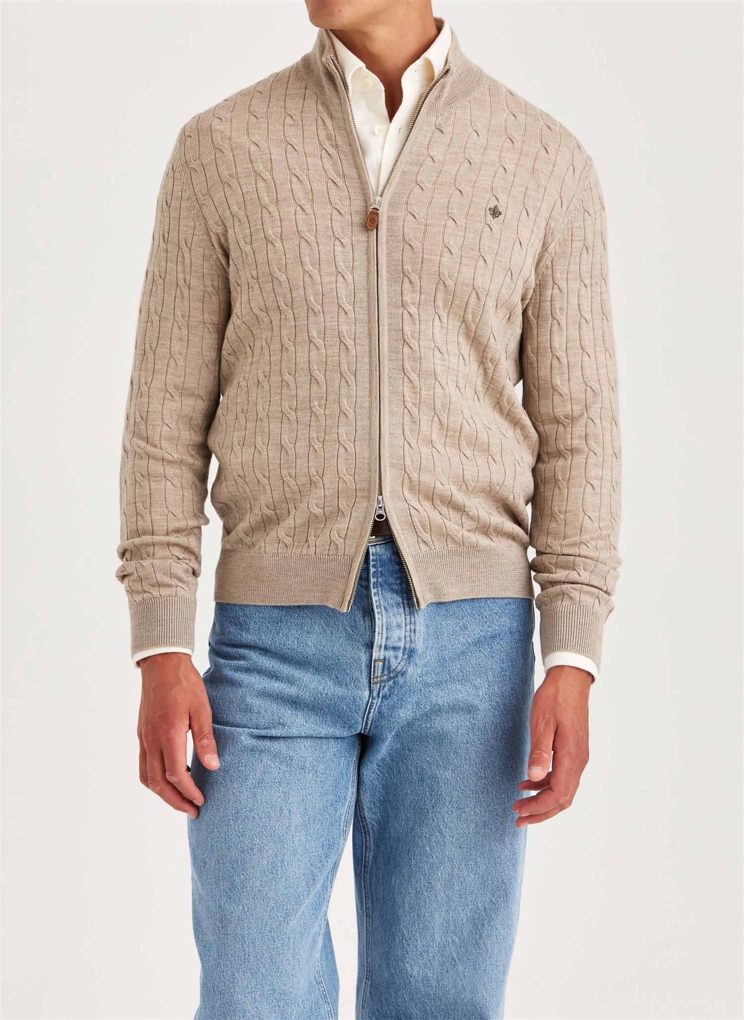 Merino Cable Zip Cardigan - Khaki
