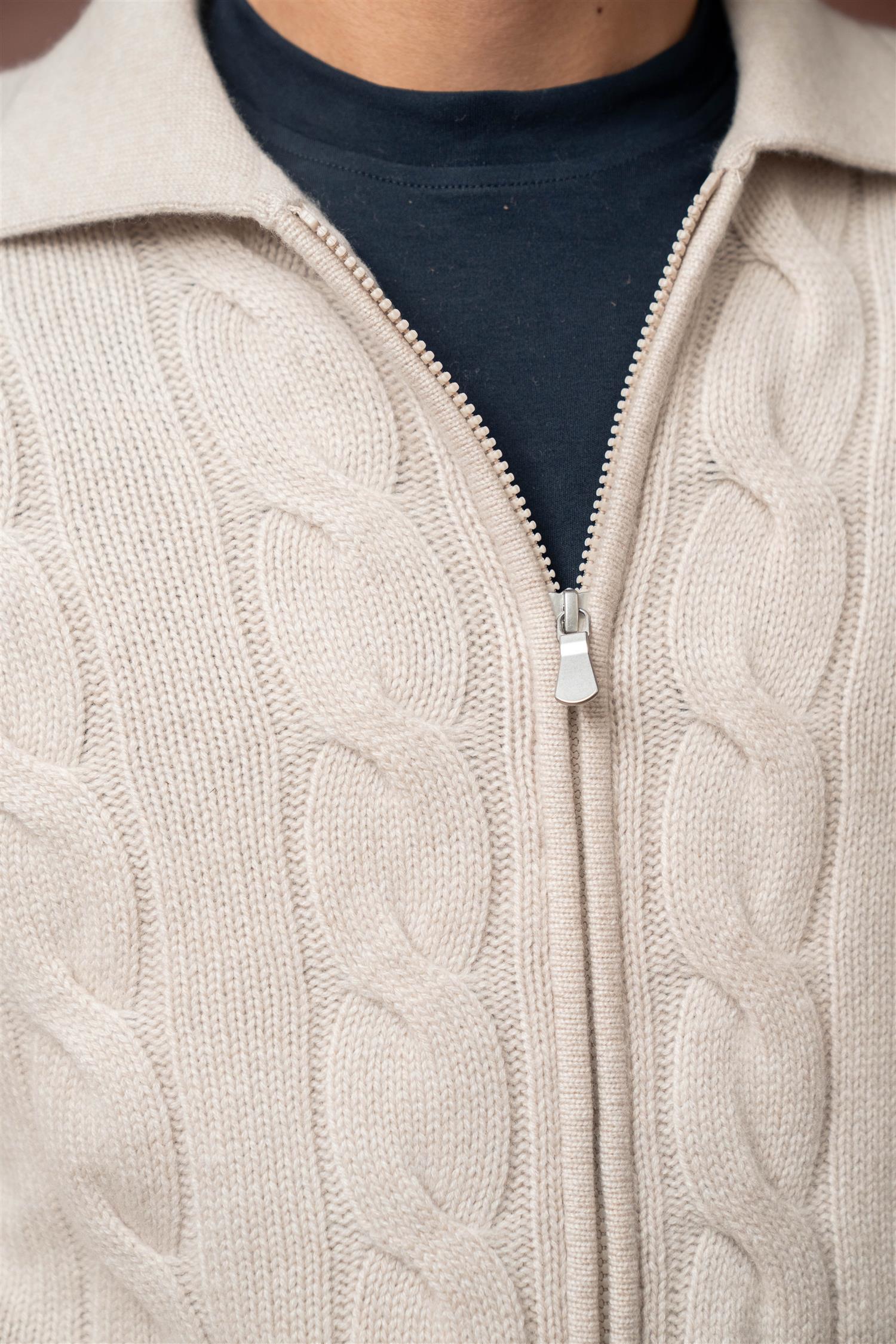 Full Zip Cable Cashmere - Beige