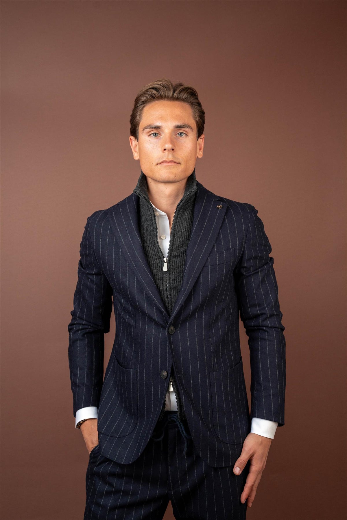Zip Front Blazer - Pinstripe Navy