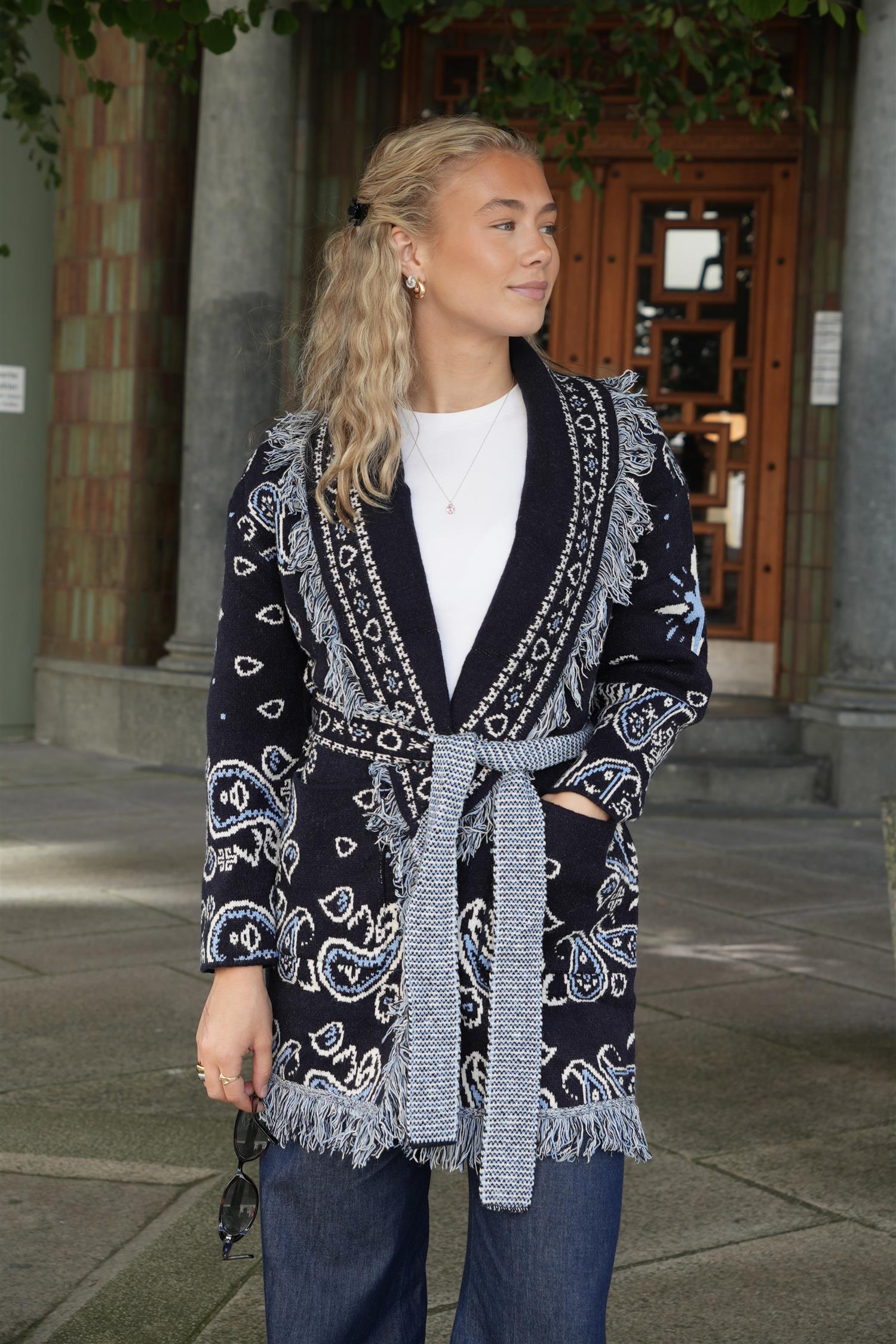 Long Fringed Paisley Jacket - Navy