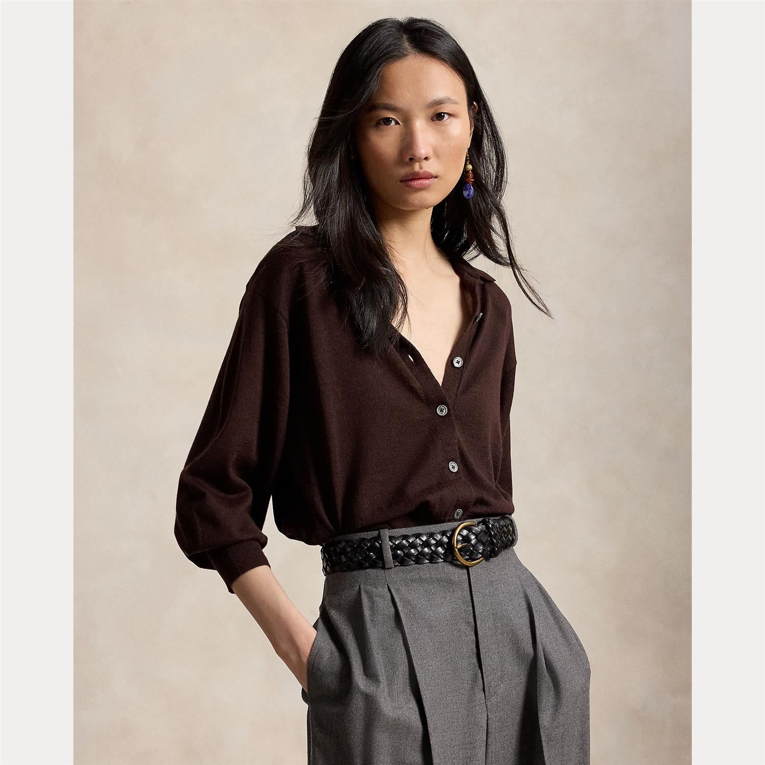 Polo-Collar Wool Blouson Cardigan Deep Chocolate Melange