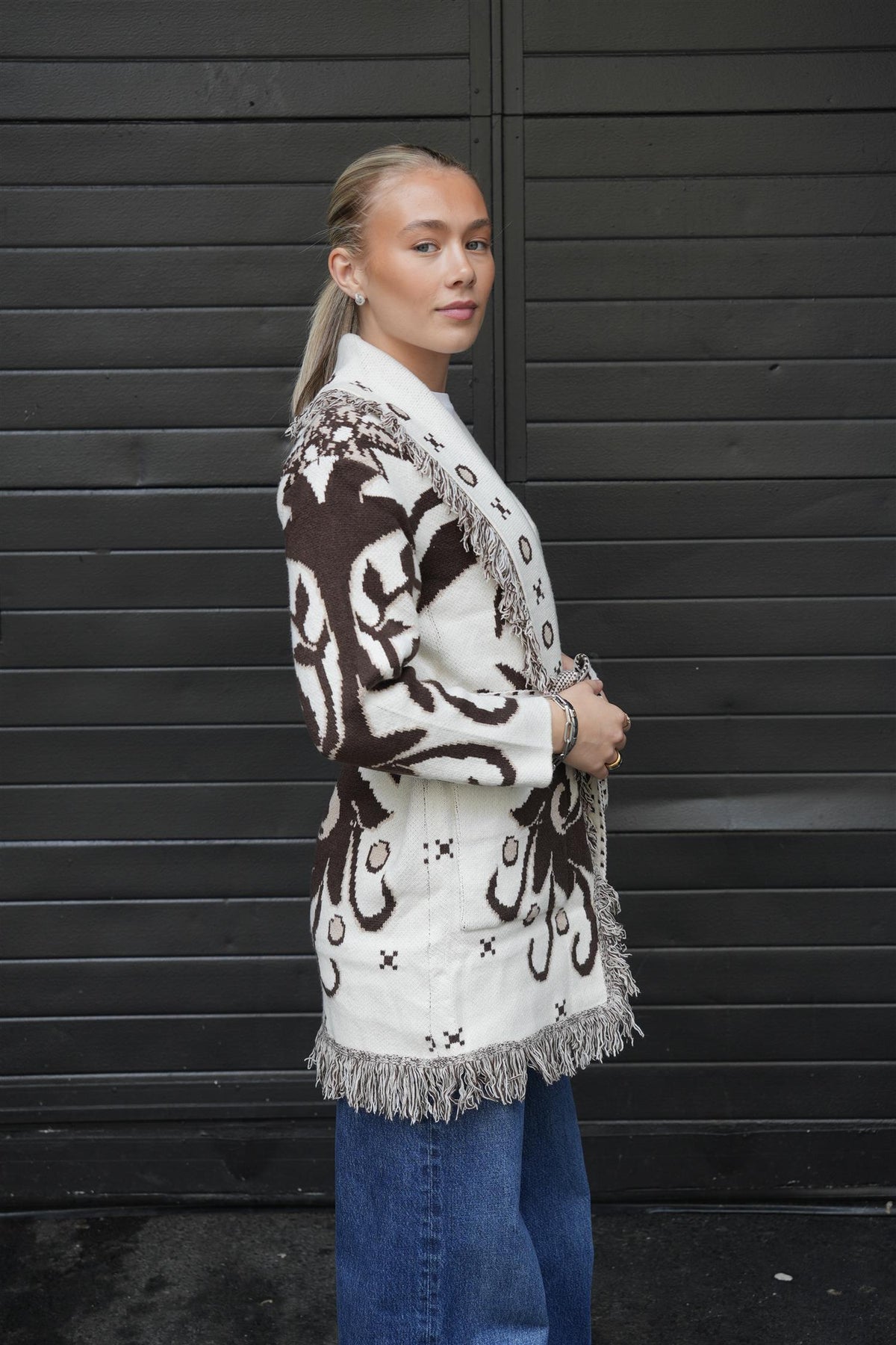 Long Fringed Jacket - Brown/White