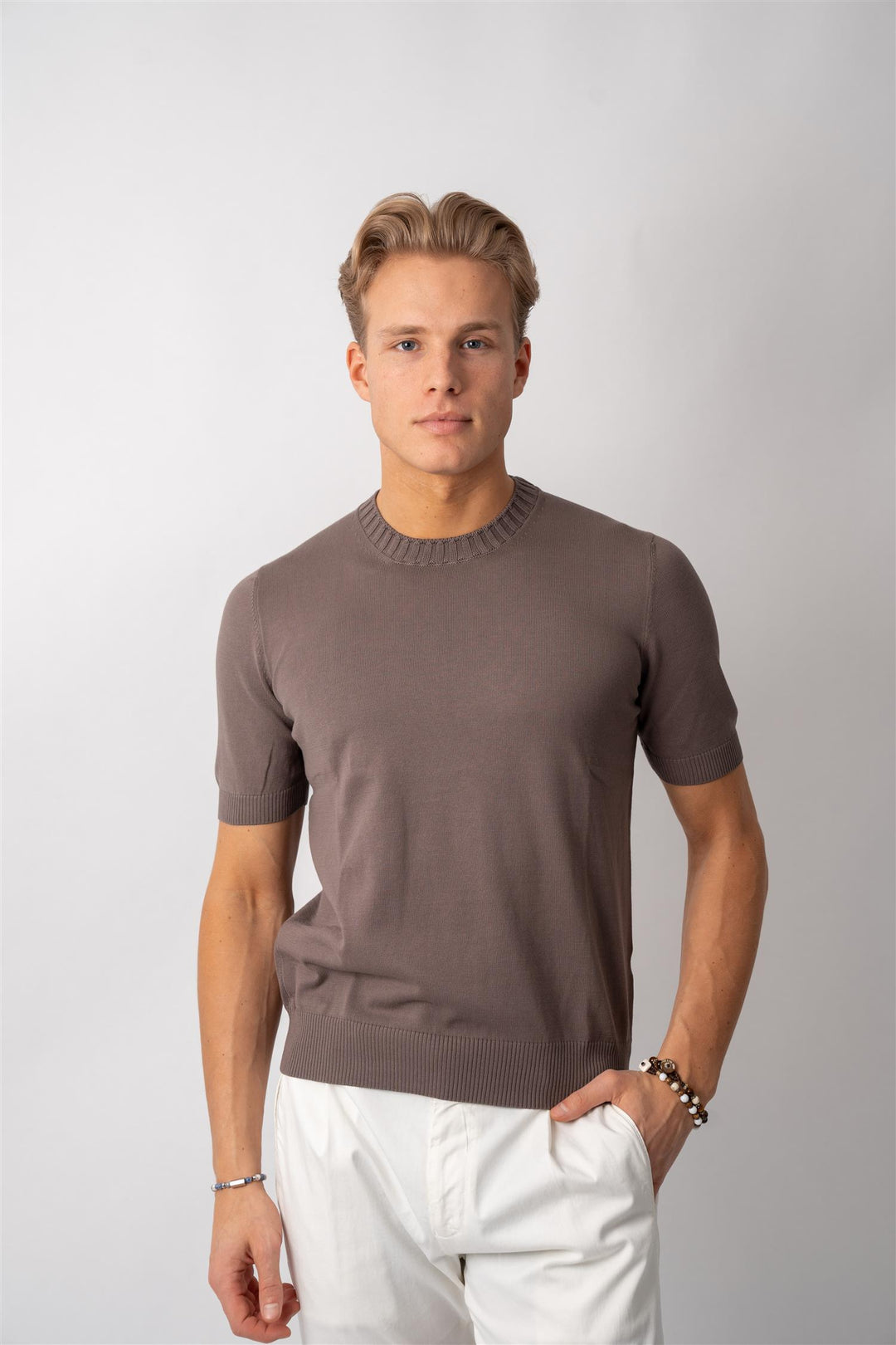 Knitted Cotton T-shirt - Brown