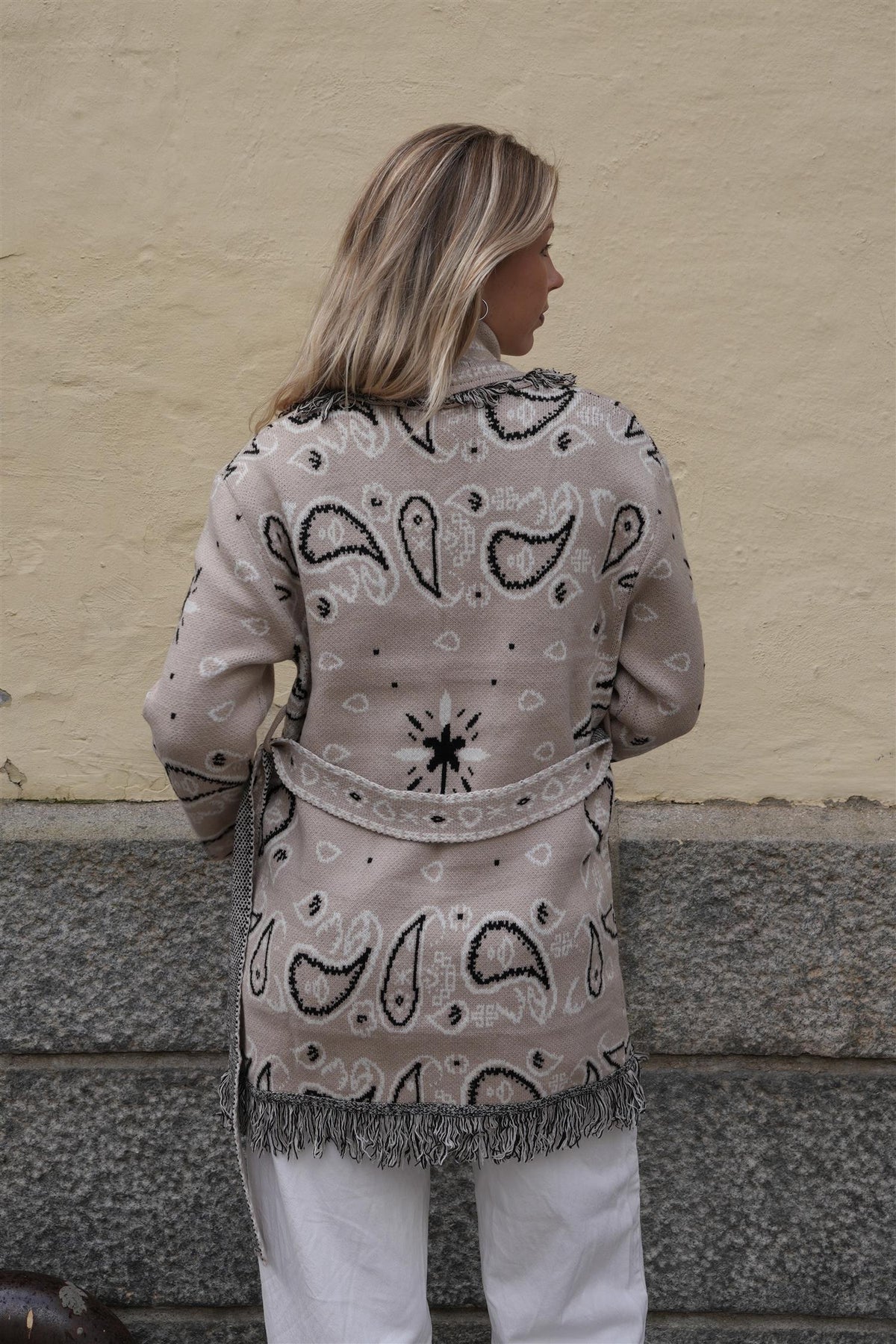 Long Fringed Paisley Jacket - Beige