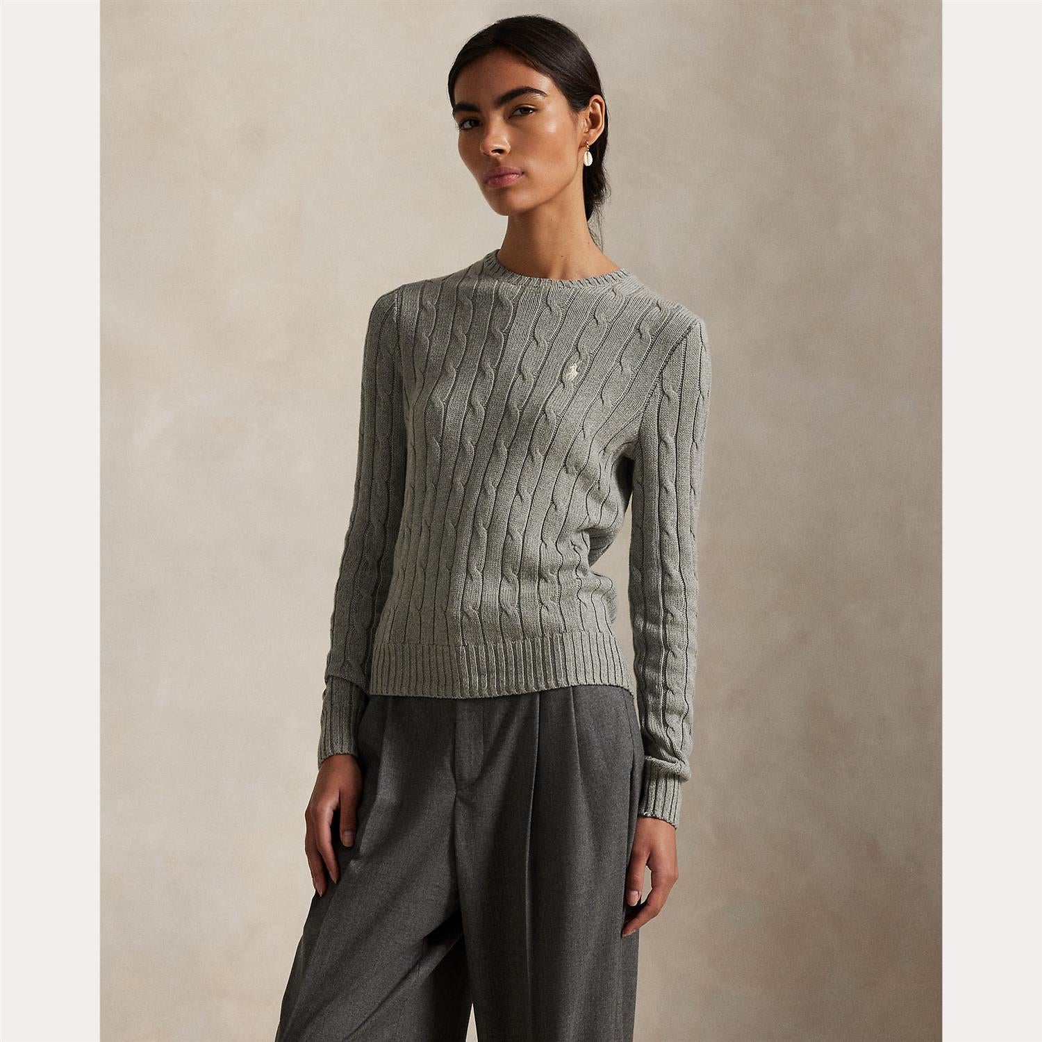 Cable-Knit Cotton Crewneck Sweater Grey
