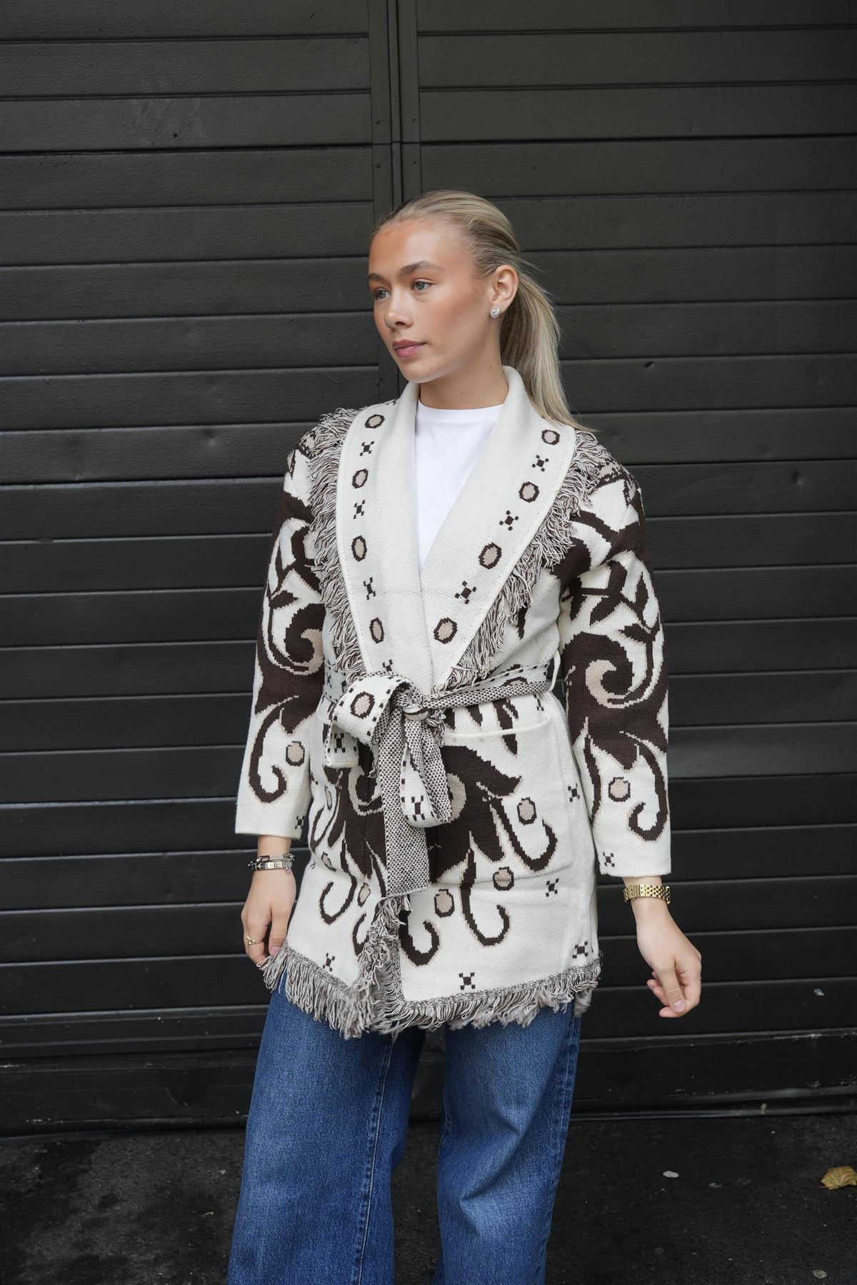 Long Fringed Jacket - Brown/White
