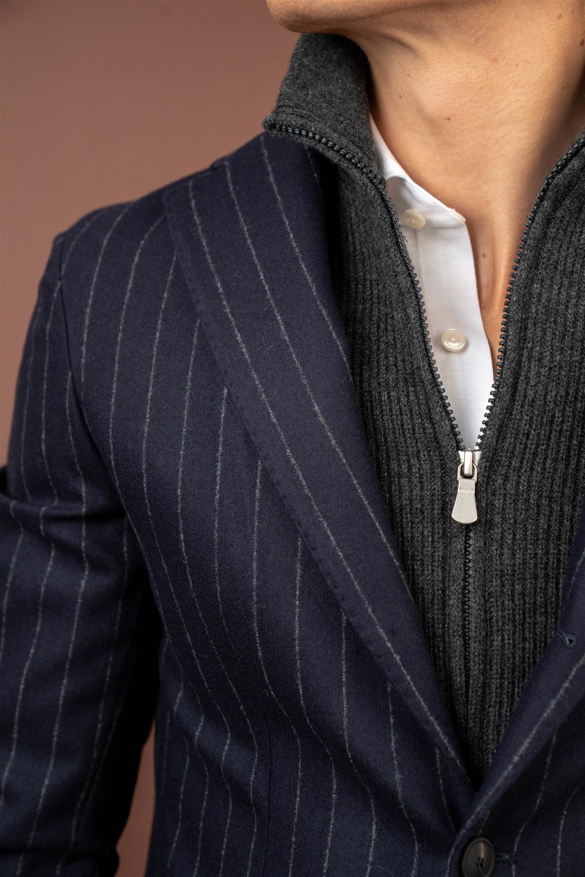Zip Front Blazer - Pinstripe Navy