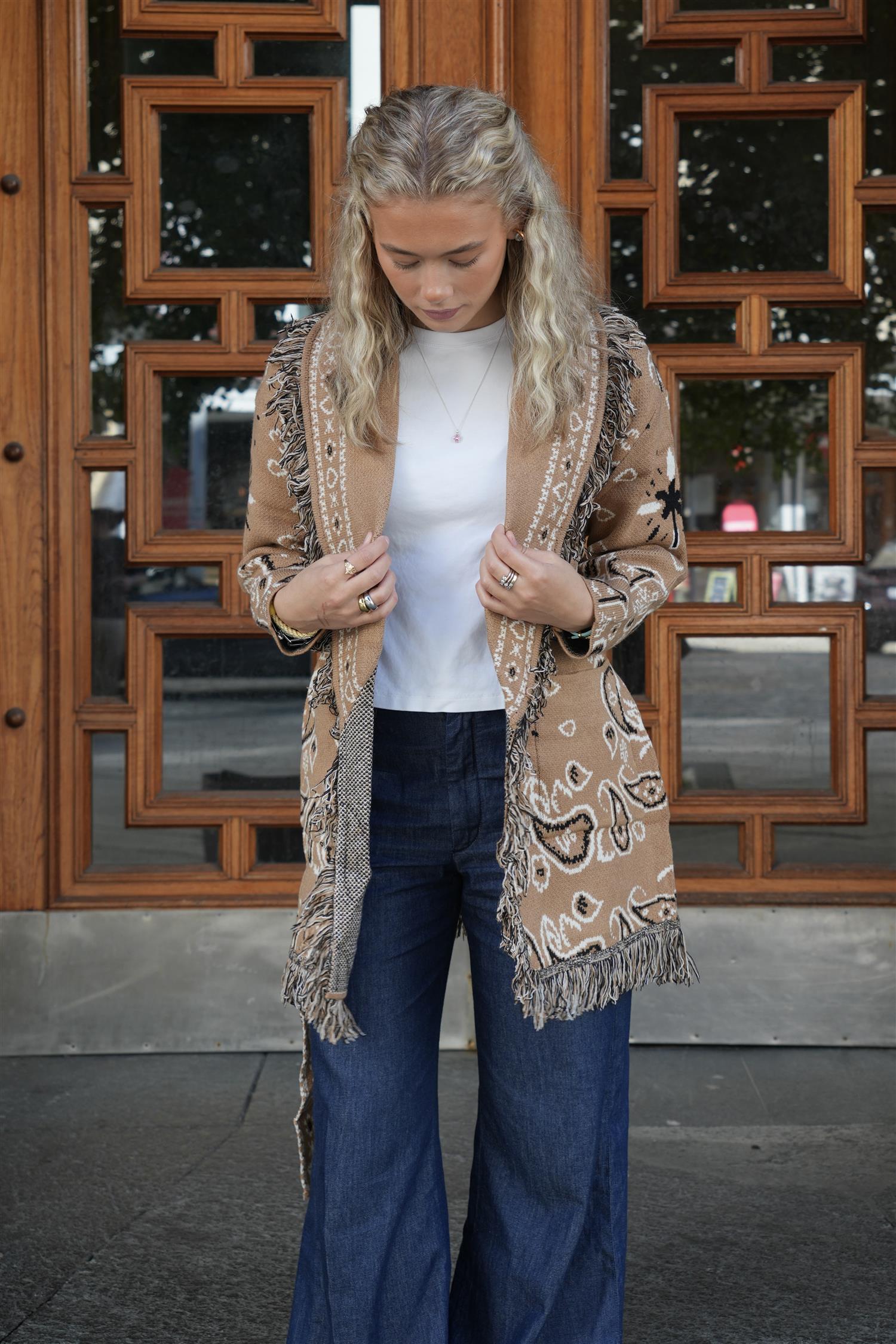 Long Fringed Paisley Jacket - Camel