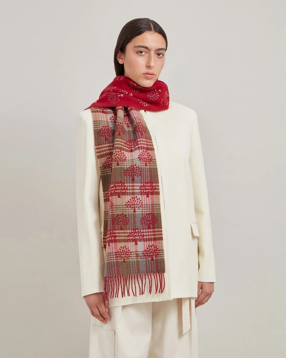 Mulberry Heritage Check & Tree Scarf Moss