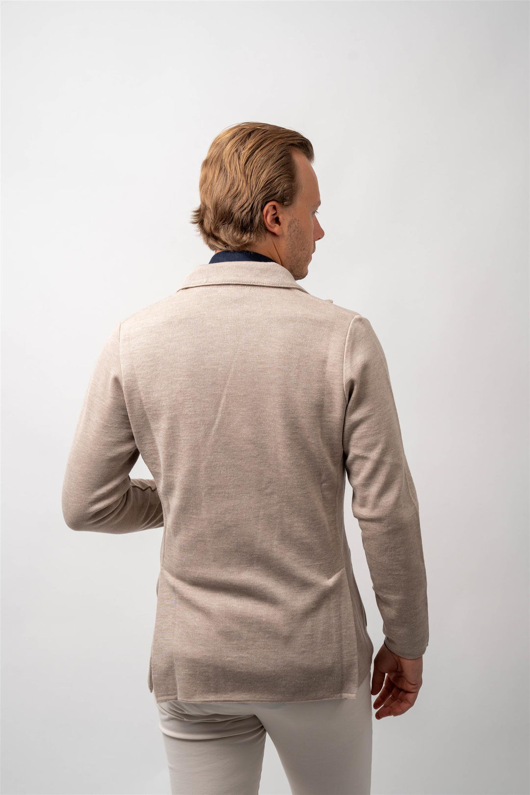 double breasted knit blazer beige